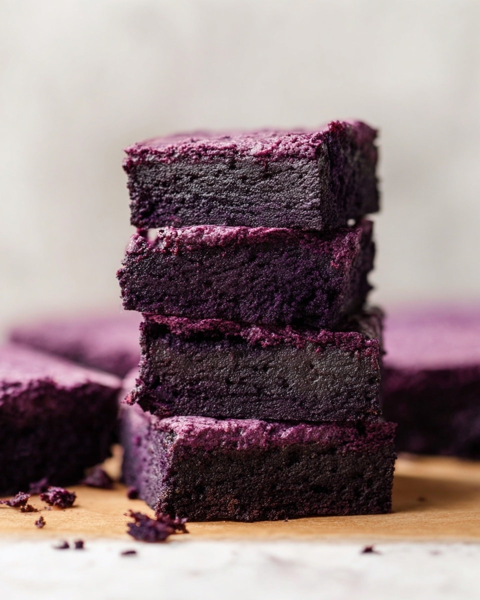 The image shows a stack of three thick, square-shaped brownies placed one on top of another, with a rich dark purple color in the dense, moist inside and a slightly lighter purple cracked crust on top. Around the stack, more brownies are scattered, some broken and showing the same dark purple texture inside. The brownies sit on a piece of brown parchment paper set against a white marbled surface, giving a clean and simple background that makes the deep purple color stand out. Small crumbs are visible near the base of the stack, adding a sense of freshness. Photo taken with an iphone --ar 4:5 --v 7