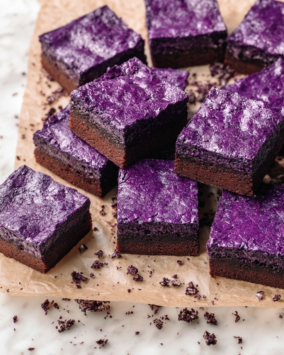 The image shows several square purple brownies with a cracked shiny top layer scattered on a piece of beige parchment paper. Each brownie has two visible layers: a thin, glossy, textured purple crust on top and a dense, darker purple base underneath. The brownies are arranged randomly, some flat and one slightly tilted, showing the spongy texture of the sides. Chocolate crumbs are sprinkled around them on the parchment. The whole scene is set on a white marbled surface. photo taken with an iphone --ar 4:5 --v 7