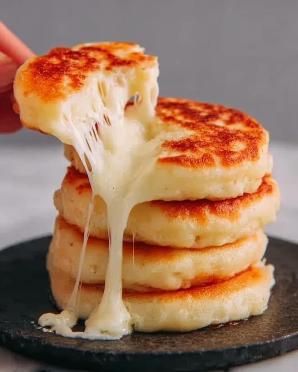 The image shows several round, golden-brown patties with a crispy outside and soft inside placed on a dark surface. Two stacks are visible, one with four patties laying flat and the other with two patties stacked on top of each other, all with a slightly rough texture. At the center back, there is a small white bowl with a reddish sauce topped with a green herb. A woman's hands are pulling apart one of the patties, showing melted white cheese stretching between the two halves. The background has a smooth dark tone, contrasting with the light patties. photo taken with an iphone --ar 4:5 --v 7