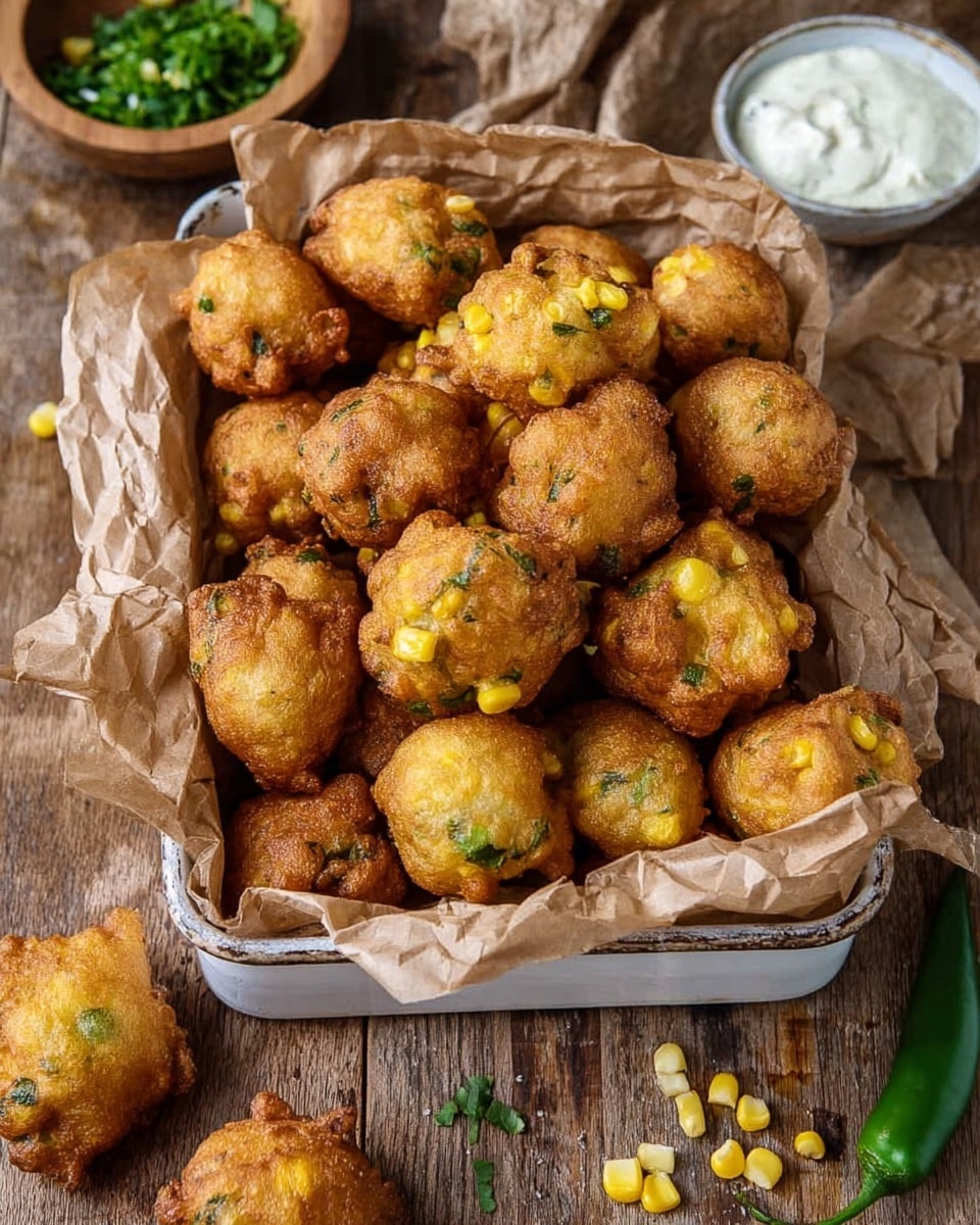 A white metal tray is filled with about thirty golden-brown fried fritters that are round and uneven in shape with a slightly rough texture, showing bits of yellow corn and green herbs inside. The tray is lined with crumpled brown parchment paper, and a few fritters sit scattered outside the tray on a rustic wooden surface. In the background, there is a small wooden bowl of fresh green chopped herbs on the left and a small white bowl with a creamy white dipping sauce on the right, along with some loose corn kernels and a green chili. The setting has a casual, homemade feel. Photo taken with an iphone --ar 4:5 --v 7