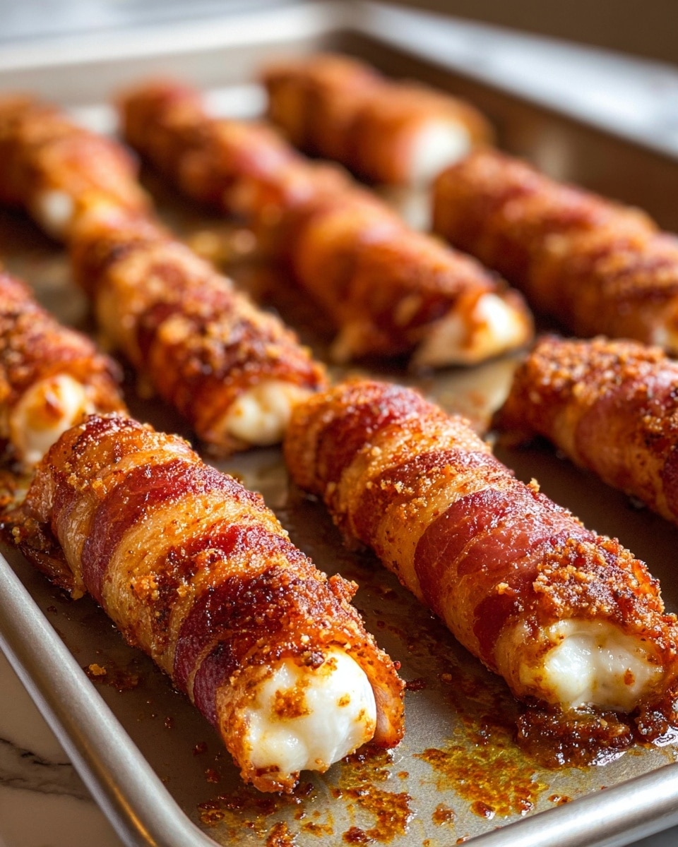 The image shows several bacon-wrapped cheese sticks arranged in rows on a metal baking tray. Each stick has a white cheese core tightly wrapped in crispy, browned bacon with a slightly spicy, reddish seasoning coating the bacon. The cheese slightly peeks out from both ends of each stick. The baking tray surface has some glistening oil and crispy bits from cooking, giving a textured and flavorful look. The background is blurred with soft warm lighting and a white marbled surface under the tray. photo taken with an iphone --ar 4:5 --v 7