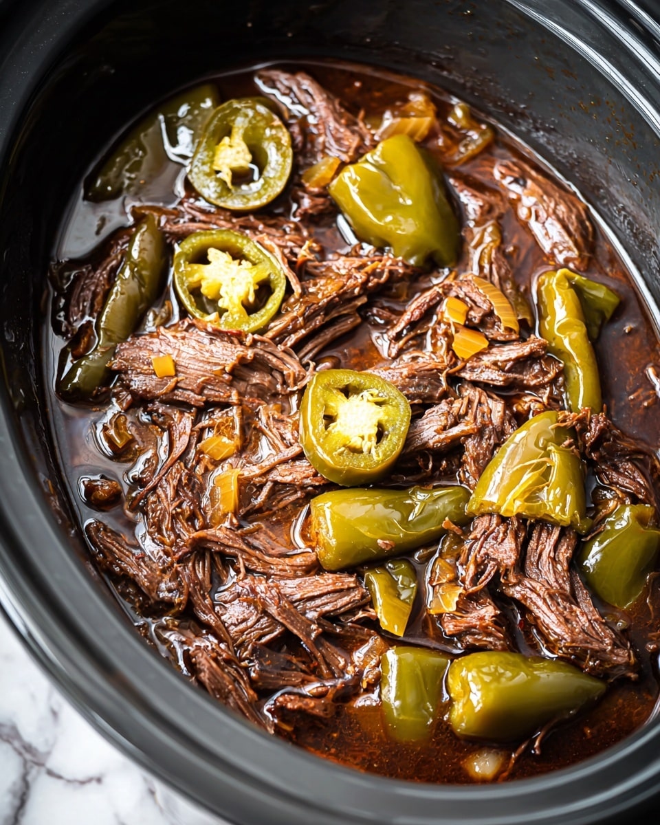 The image shows a close-up of a slow cooker filled with shredded, tender brown meat soaked in a dark, rich sauce. On top of the meat are whole and sliced green peppers, glossy from the sauce and slightly wrinkled, adding a shiny, textured layer. Pieces of cooked onions are mixed throughout the meat, adding a different texture and a lighter brown color contrast. The slow cooker is dark gray, and the food inside looks juicy and well-cooked. The background has a white marbled texture. photo taken with an iphone --ar 4:5 --v 7