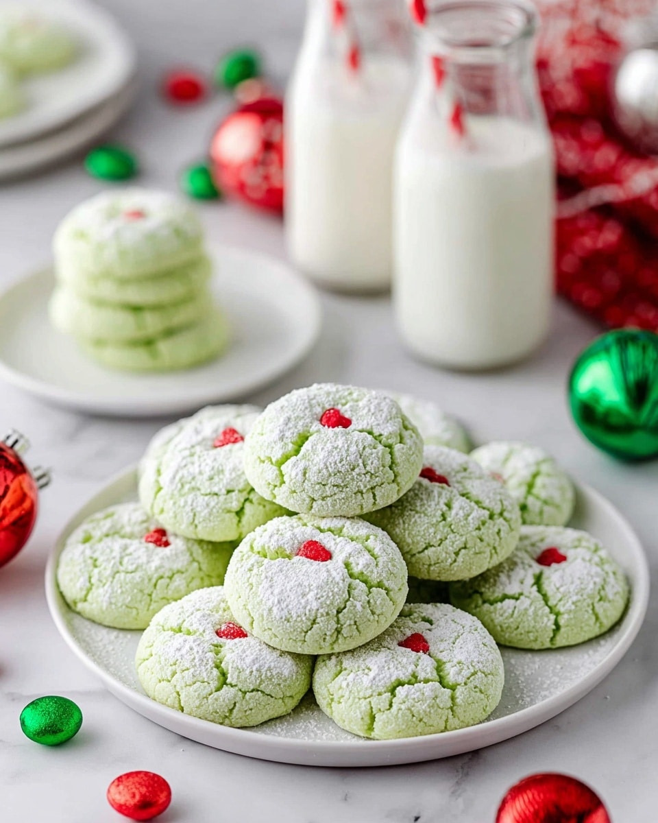 A round white plate piled high with soft, light green cookies dusted lightly with white powdered sugar, each cookie cracked on top showing a soft texture underneath and decorated with a tiny red heart-shaped candy near the center; in the background, there is a smaller white plate with a few more cookies stacked, two glass bottles filled with milk and red striped straws, and some red and green Christmas ornaments scattered on a white marbled surface. Photo taken with an iphone --ar 4:5 --v 7