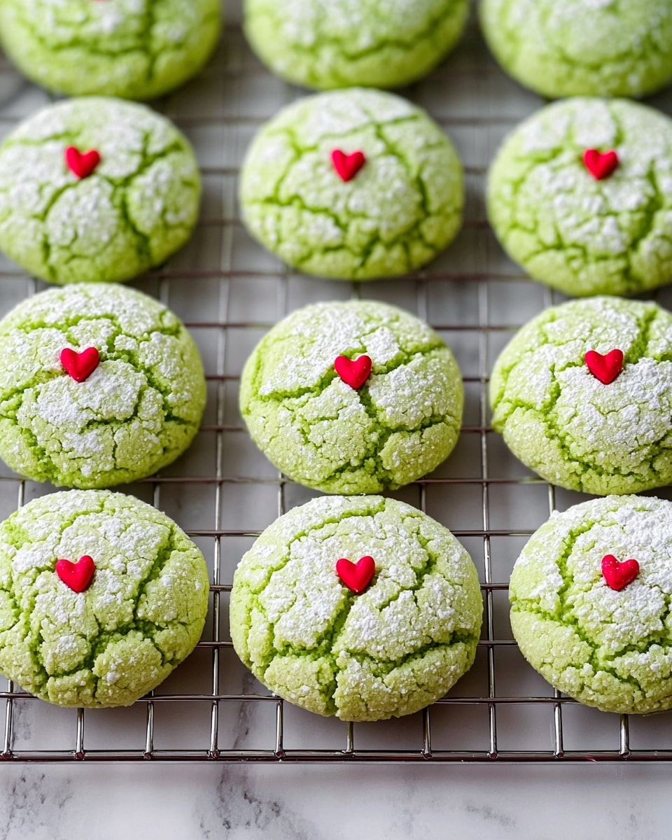The image shows a group of light green cookies placed on a metal cooling rack, arranged in neat rows. Each cookie has a cracked surface dusted with white powdered sugar, giving a slightly rough texture. On the top center of each cookie, there is a small, bright red heart decoration that stands out against the green. The background is a white marbled texture, adding a clean and simple look to the setting. photo taken with an iphone --ar 4:5 --v 7
