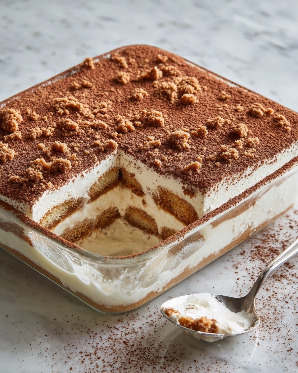 A clear glass rectangular dish holds a multi-layered dessert with a thick top layer dusted with fine brown cocoa powder and crumbled light brown bits scattered evenly on top. Inside, visible layers include soft white creamy layers alternating with soaked light brown cake layers, creating a textured and airy look. The dish sits on a white marbled surface, with some cocoa powder dusted around the edges of the dish. A corner of the dessert has been scooped out, revealing the smooth, creamy, and soaked cake layers inside. photo taken with an iphone --ar 4:5 --v 7