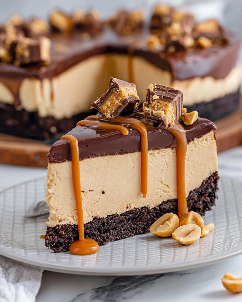 A slice of three-layer dessert is shown on a white plate with a subtle grid pattern, set on a white marbled surface. The bottom layer is dark brown and crumbly, looking like a chocolate crust. The middle layer is thick and creamy with a smooth light tan color, resembling a peanut butter filling. The top layer is a glossy dark chocolate ganache, covered with chunky pieces of peanut brittle and peanut butter cups. Drizzles of caramel-colored sauce flow over the ganache and down the sides, with three peanuts resting at the base on the plate’s edge. In the background, the remaining dessert is visible with a missing slice. Photo taken with an iphone --ar 4:5 --v 7
