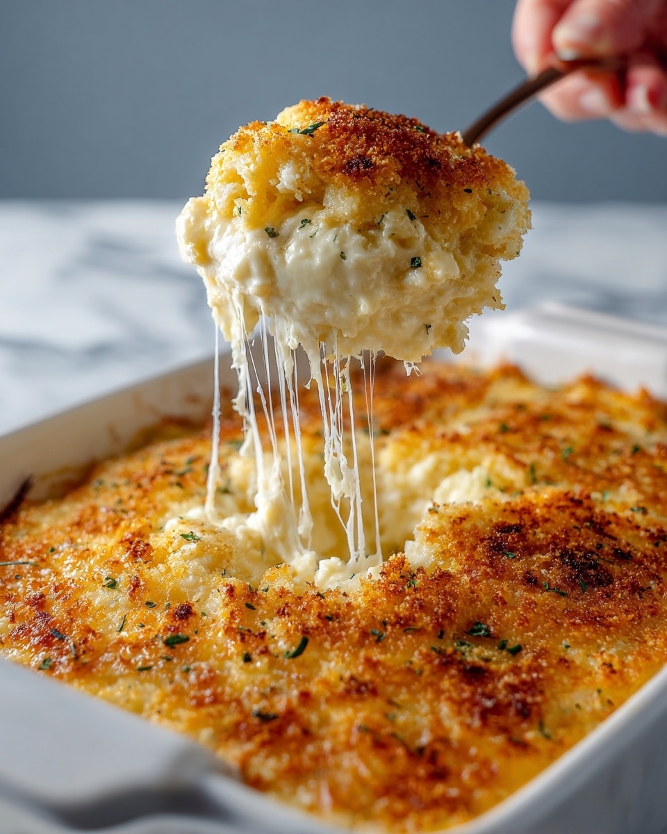 A close-up view of a baked dish with a thick, golden brown crust on top that looks crunchy and slightly uneven with small green herb bits scattered around. The crust is broken open by a spoon held by a woman's hand, revealing a creamy, white cheese layer underneath that is thick and gooey, with melted cheese stretching in thin strands from the dish to the spoon. The dish is in a white rectangular baking dish sitting on a white marbled surface. The lighting highlights the crunchy texture of the crust and the soft, melted cheese inside. photo taken with an iphone --ar 4:5 --v 7