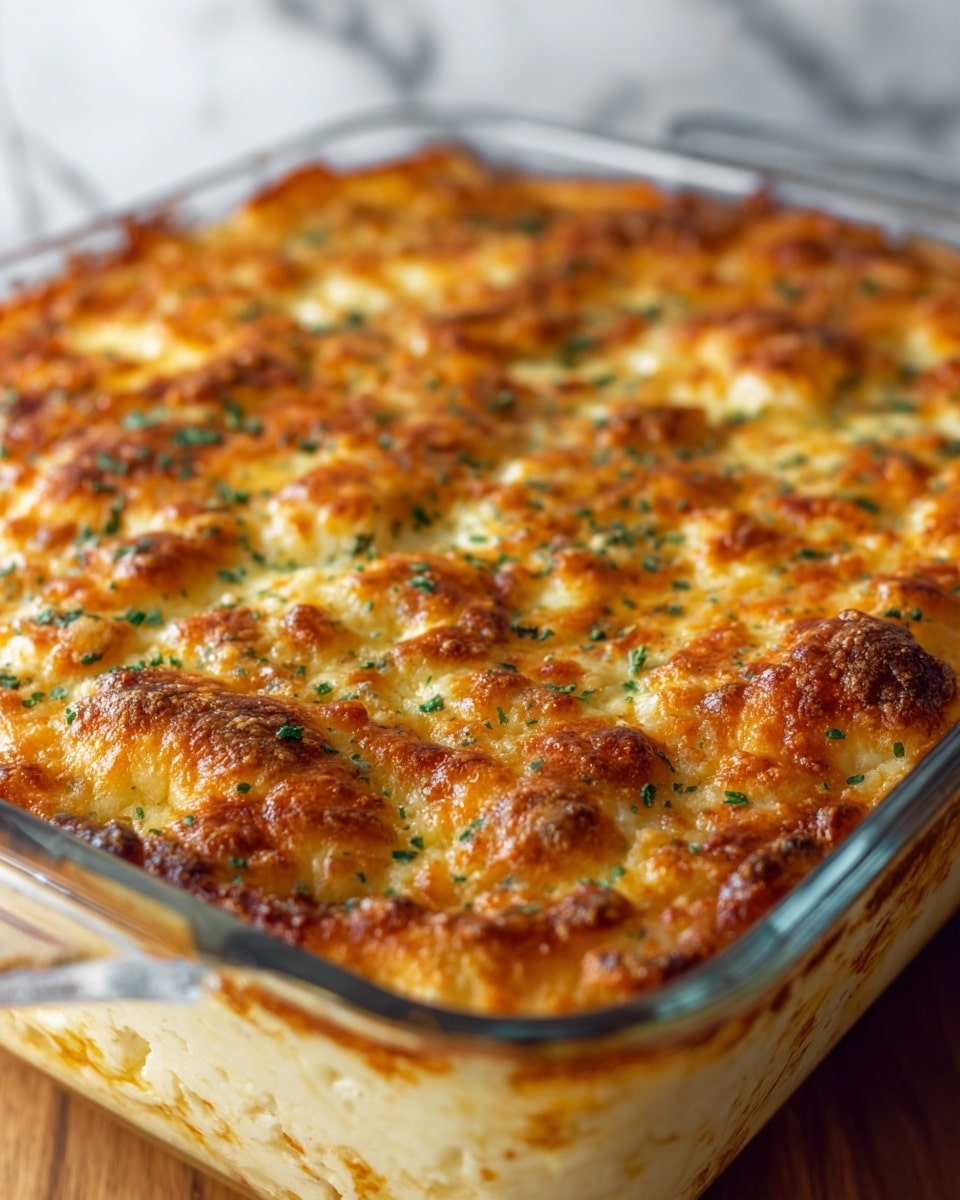 The image shows a close-up of a baked dish in a clear glass square baking dish with a golden brown crispy cheese layer on top. The cheese topping has a textured, rough surface with small browned spots and sprinkled green herbs. Below the cheese crust is a creamy, slightly browned base visible through the glass sides. The baking dish sits on a wooden surface with a white marbled texture in the background. photo taken with an iphone --ar 4:5 --v 7