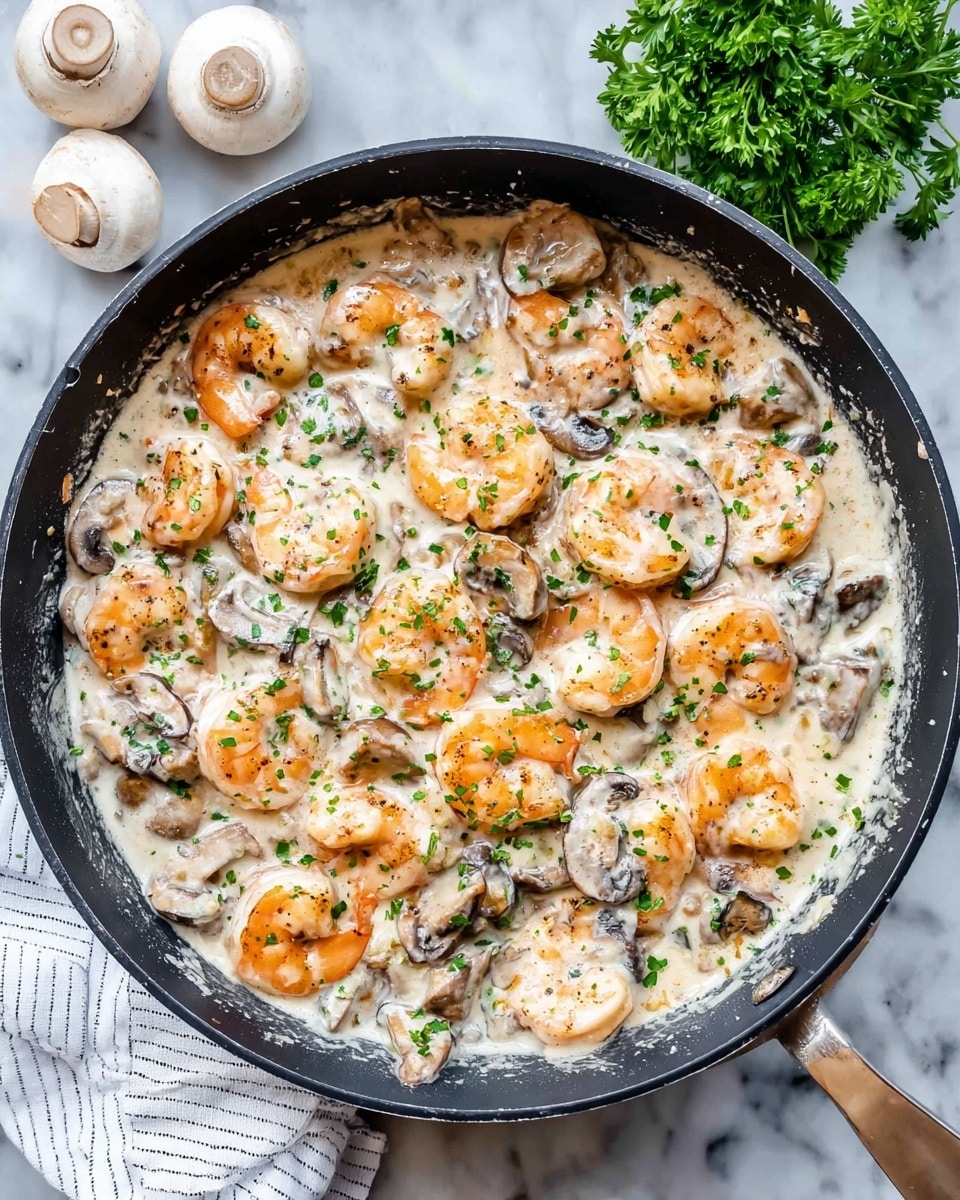 A black pan filled with cooked shrimp and sliced mushrooms in a creamy white sauce, garnished with finely chopped green herbs sprinkled on top. The shrimp are pink-orange with a slight char, mixed evenly with light brown and white mushroom slices in a thick, smooth cream sauce covering the bottom of the pan. The pan sits on a white marbled surface with a white and grey striped cloth nearby and some whole white mushrooms and green parsley in the background. Photo taken with an iphone --ar 4:5 --v 7