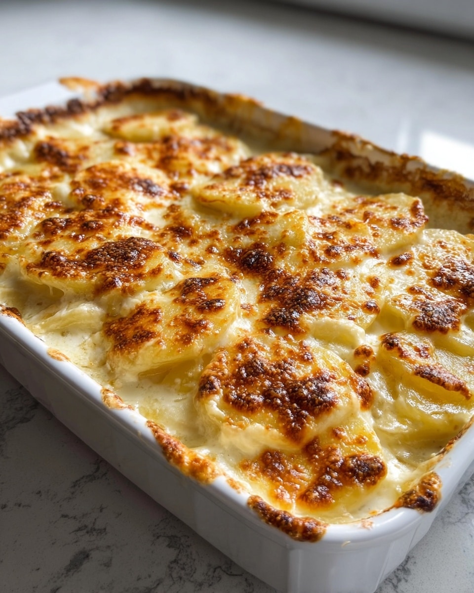 A white rectangular baking dish filled with creamy scalloped potatoes, showing multiple layers of thinly sliced potatoes in a rich white sauce. The top layer is golden brown with bubbly, browned melted cheese and crispy edges, creating a textured and slightly crusty surface. The edges of the dish have some browned bits of cheese and sauce baked onto them. The dish sits on a white marbled counter with warm natural light highlighting the cheese's shiny and bubbly texture. photo taken with an iphone --ar 4:5 --v 7