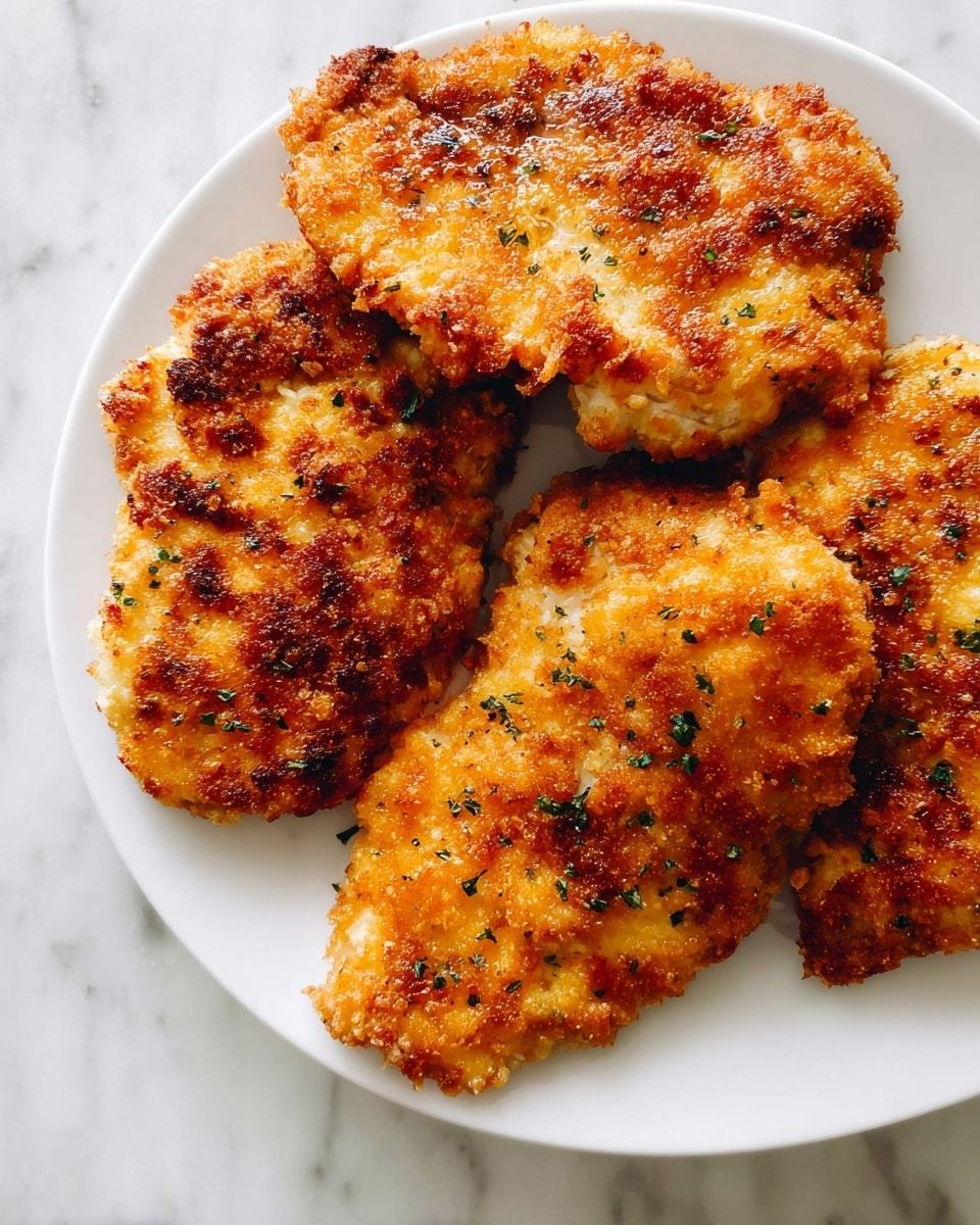 A white plate holds four pieces of golden-brown breaded chicken, each with a crispy and slightly uneven crust that shows patches of bright orange and dark brown from frying. The chicken pieces vary slightly in size and shape and are sprinkled with small green herbs. The plate sits on a white marbled texture surface. photo taken with an iphone --ar 4:5 --v 7