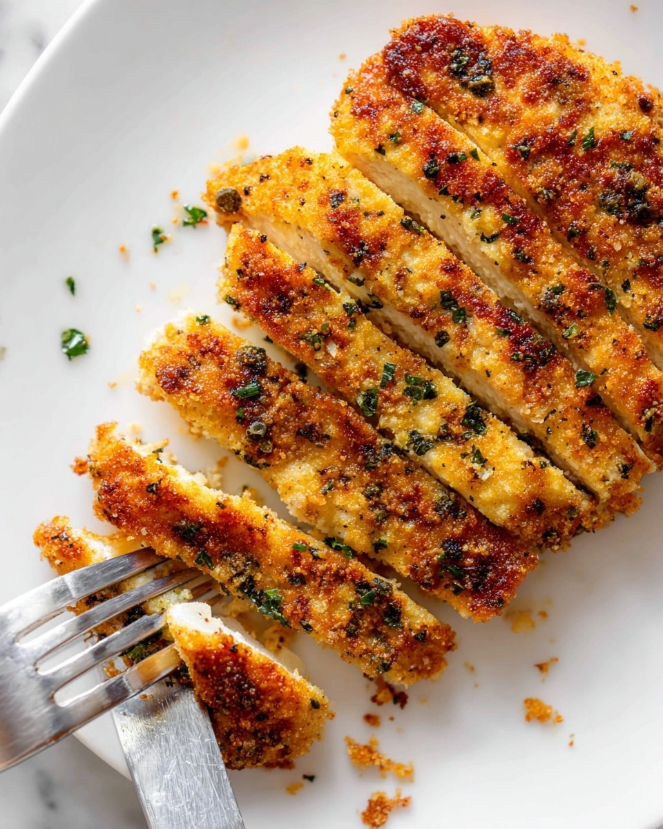 The image shows a sliced, golden-brown breaded chicken breast on a white plate, resting on a white marbled surface. The chicken is cut into about eight strips, with a crispy, textured coating sprinkled with green herbs and small black pepper bits. The breading has an even golden crust with some darker browned spots, showing a crunchy texture. A silver fork is at the bottom left of the chicken, lifting one strip. There are a few small crumbs scattered near the chicken on the plate. Photo taken with an iphone --ar 4:5 --v 7
