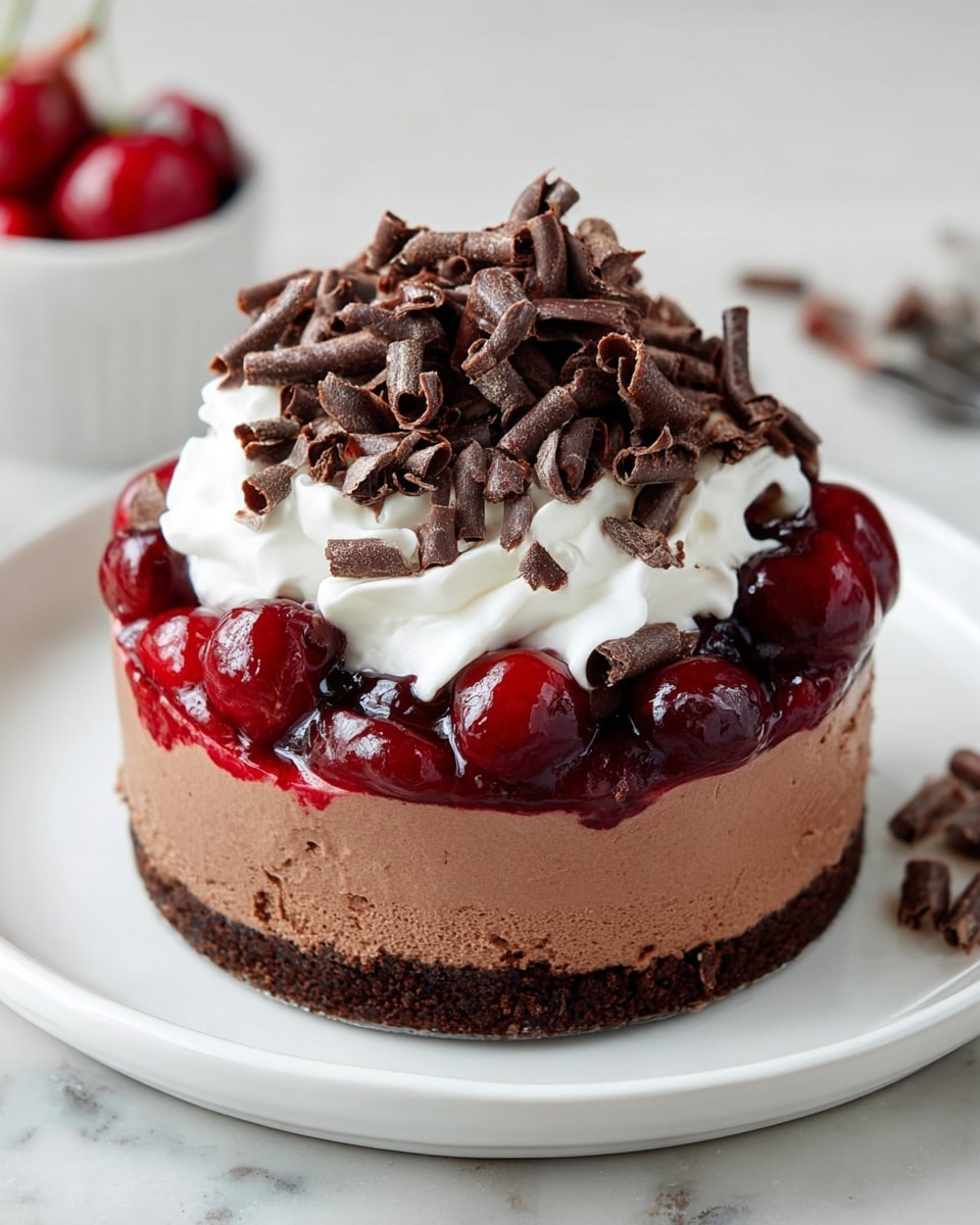A three-layer dessert sits on a white plate on a white marbled surface: the bottom layer is a dark brown cookie crumb base, the middle layer is a thick, smooth milk chocolate mousse in light brown, the third layer on top is a chunky bright red cherry sauce with whole cherries, over which there is a thick dollop of white whipped cream, crowned by a pile of dark brown curly chocolate shavings spread across the center. Photo taken with an iphone --ar 4:5 --v 7