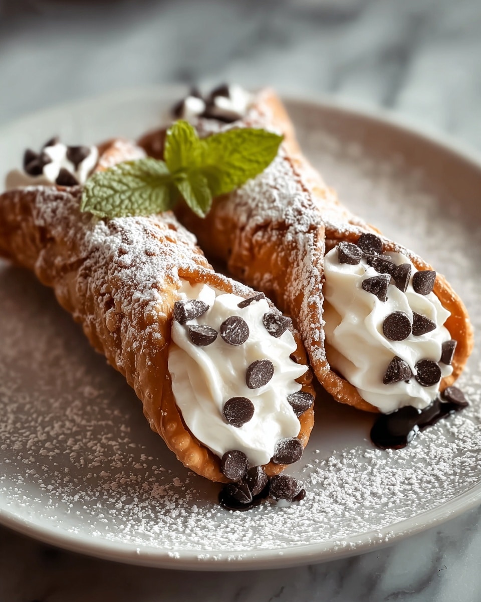 Two crispy golden-brown cannoli shells filled with smooth, white whipped cream are placed side by side on a white plate. The visible cream is generously dotted with small dark chocolate chips, while powdered sugar is dusted over the shells and plate, adding a soft white layer. A small fresh mint leaf adds a touch of green on top in the background, and a slight drizzle of chocolate can be seen at the base of one shell. The plate rests on a white marbled surface, creating a clean and elegant backdrop. Photo taken with an iphone --ar 4:5 --v 7