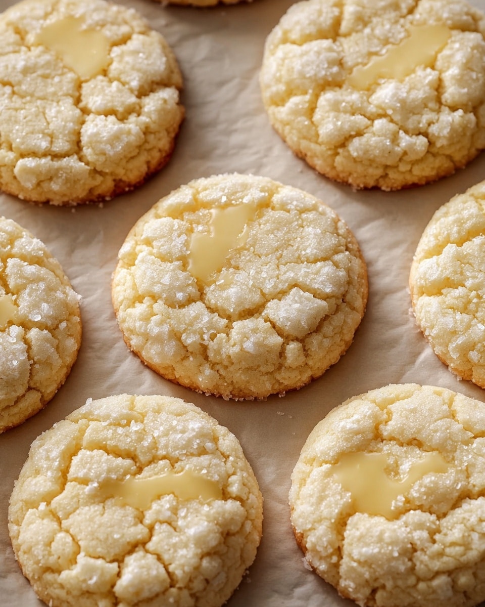 A close-up image shows eight round sugar cookies on a light tan baking paper, placed on a white marbled surface. Each cookie has a cracked top layer, with a slightly rough texture from coarse sugar grains around the edges. The cookies are pale golden in color, and some have light, glossy yellowish drizzle spots on top. They are arranged in a loose grid pattern, closely touching each other. photo taken with an iphone --ar 4:5 --v 7