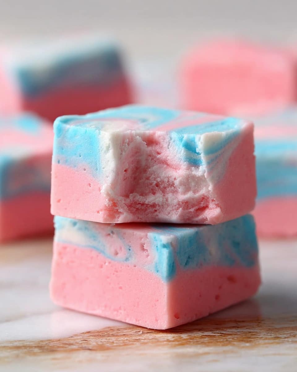 The image shows two square pieces of soft fudge stacked on a white marbled surface. Each piece has three layers: a pink bottom layer with a smooth texture, a pale pink middle layer with a crumbly, slightly rough texture, and a blue top layer that looks smooth and creamy. The two colors swirl slightly where they meet, creating a marbled effect on the sides. The top piece has a bite taken out of it, showing the soft inside clearly. More of the same fudge pieces are blurred in the background. photo taken with an iphone --ar 4:5 --v 7
