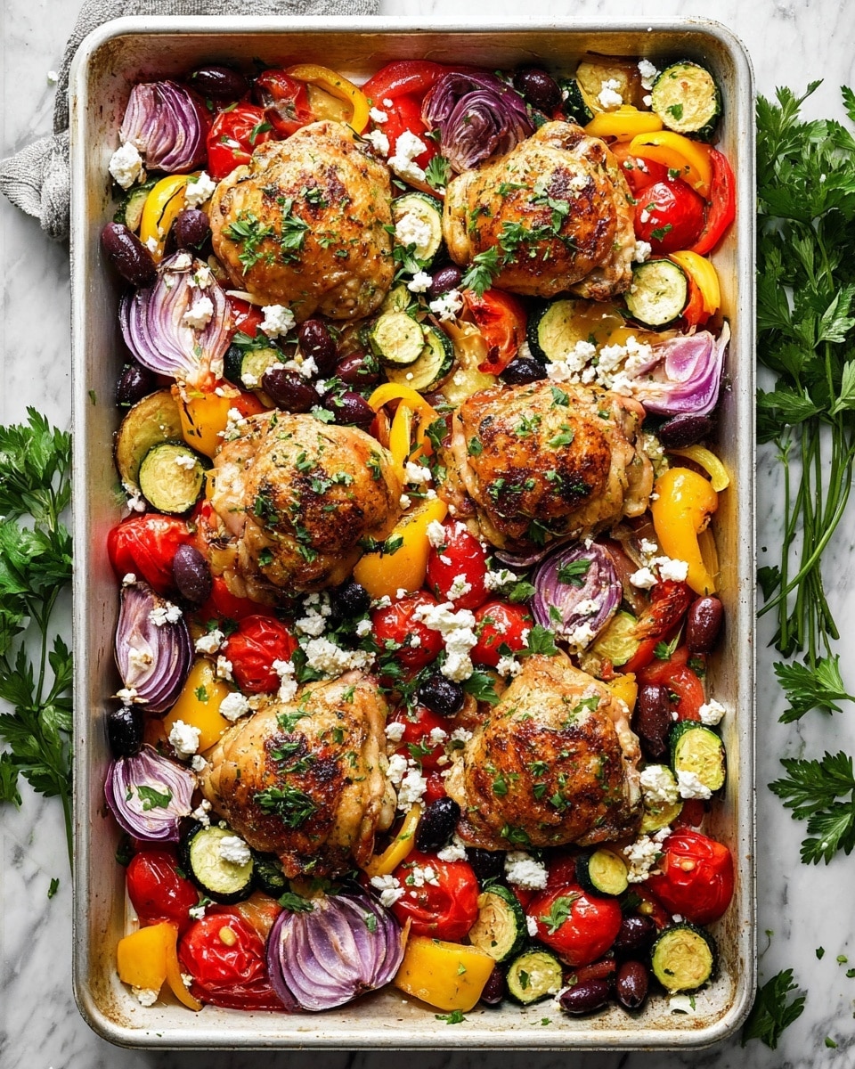 The image shows a white metal baking tray filled with a colorful baked dish. There are five browned chicken thighs placed evenly over a mix of vegetables. The vegetable layers include sliced yellow bell peppers, red cherry tomatoes, sliced zucchini, thick wedges of red onion, and dark olives scattered throughout. Crumbled white cheese and small green parsley leaves are sprinkled on top and around the chicken and vegetables. The tray is set on a white marbled surface with fresh parsley sprigs placed nearby for garnish. Photo taken with an iphone --ar 4:5 --v 7