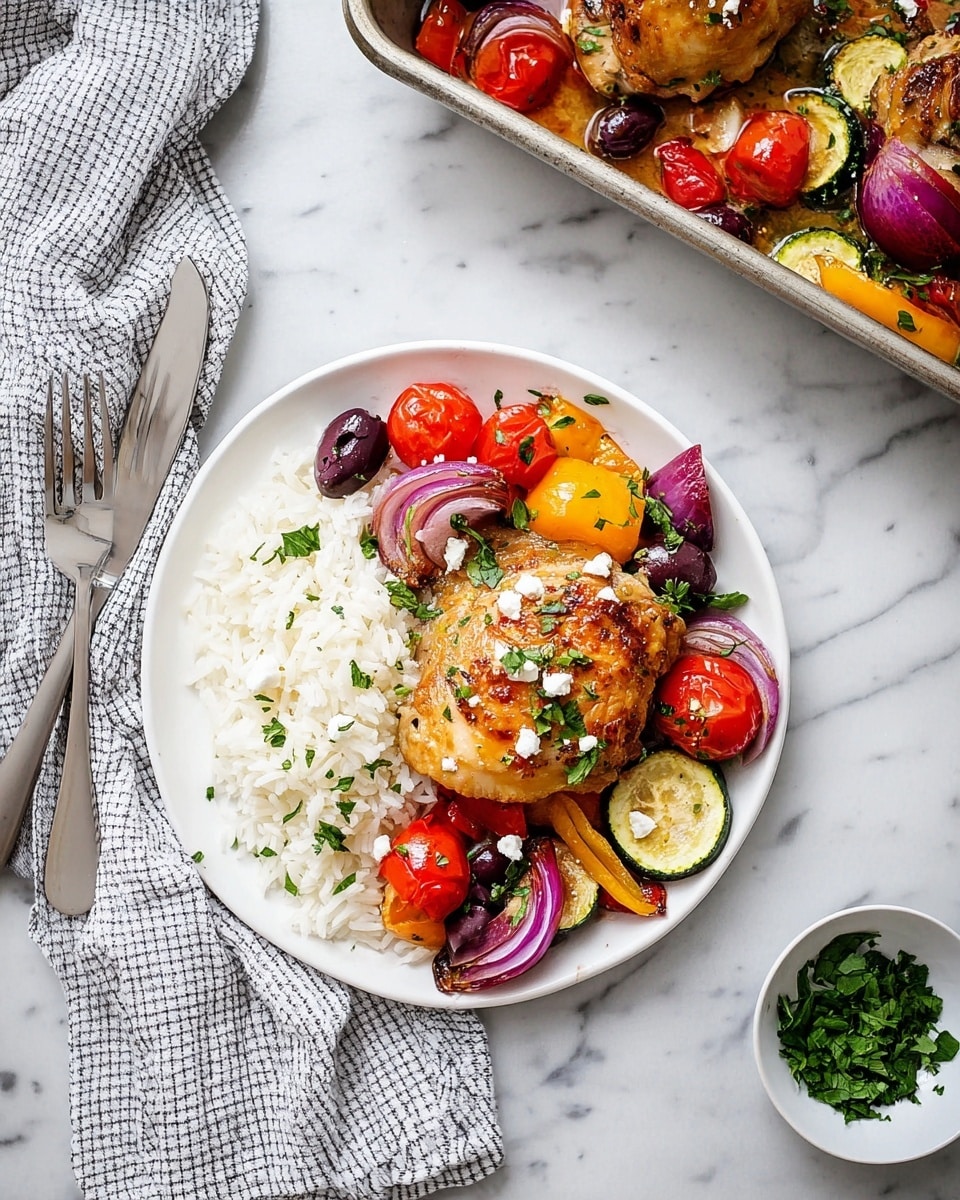 A white plate is filled with a serving of cooked white rice on the right side. On the left side, there is a golden-brown roasted chicken thigh placed on top of a colorful mix of roasted vegetables, including bright red cherry tomatoes, yellow bell peppers, deep purple Kalamata olives, sliced green zucchini, and red onion wedges. Small white crumbles of feta cheese and green chopped parsley are scattered over the dish for freshness and color contrast. The plate sits on a white marbled surface next to a checkered grey cloth, a stainless steel fork and knife to the left, and a small white bowl of chopped green herbs on the upper right. Behind the plate, a silver baking pan holds extra chicken and vegetables with a similar arrangement. photo taken with an iphone --ar 4:5 --v 7