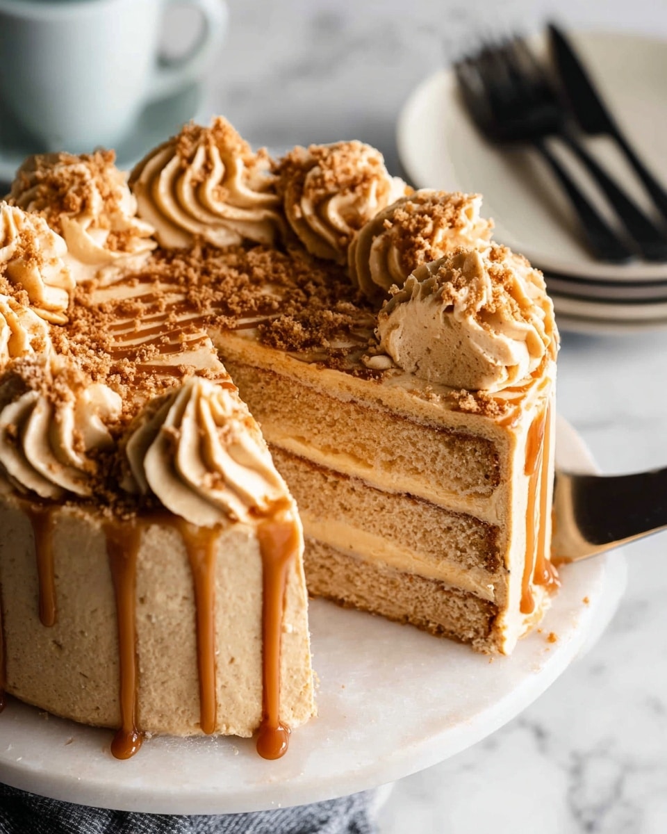 A two-layer round cake with light brown sponge layers separated and covered by smooth caramel-colored frosting. The top layer is decorated with large swirls of the same caramel frosting and drizzled with caramel sauce, sprinkled with small crumbles of brown topping. One slice is lifted slightly showing the soft texture inside. The cake sits on a white marbled surface, with a stack of white plates and black forks blurred in the background. photo taken with an iphone --ar 4:5 --v 7