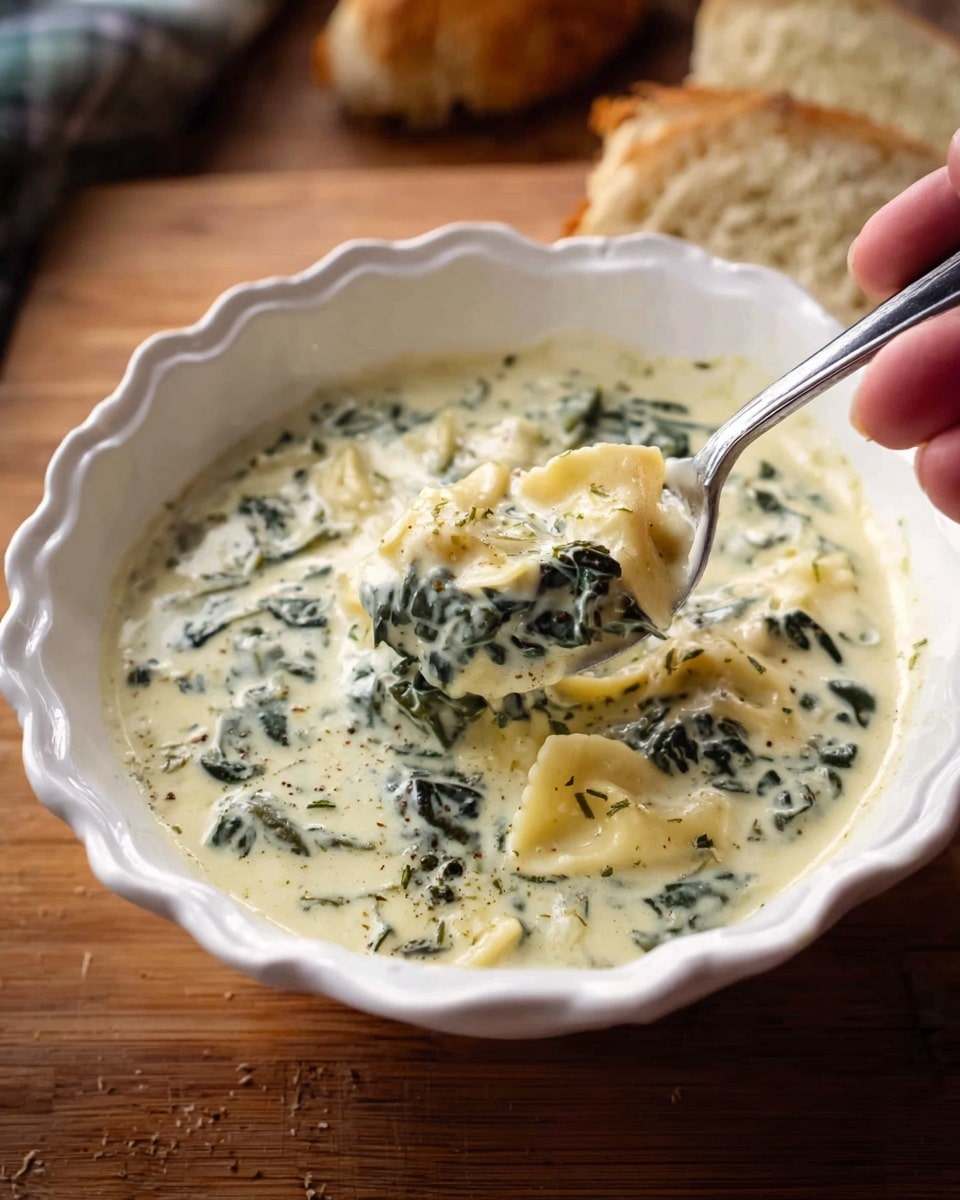 A white bowl with a scalloped edge is filled with creamy, pale-colored soup that has visible dark green leafy pieces and thin pasta slices mixed in. The soup looks thick and smooth with a slightly glossy texture. A silver spoon inside the bowl scoops up the creamy soup with pasta and greens, held by a woman's hand just visible on the left side. The bowl sits on a wooden surface, with a soft background hinting at bread and other elements out of focus. Photo taken with an iphone --ar 4:5 --v 7