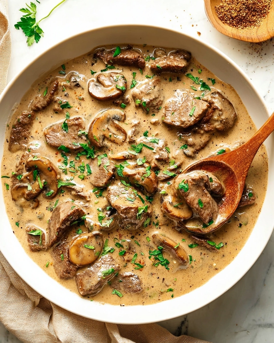 A close-up view of a white bowl filled with creamy mushroom sauce, showing two main layers: large slices of cooked brown mushrooms and browned beef strips covered in a thick light brown creamy sauce. The sauce has a smooth texture with specks of black pepper and is garnished with small chopped bright green parsley pieces scattered evenly on top. A wooden spoon rests on the right side of the bowl, partially lifting some mushrooms and sauce. The bowl sits on a white marbled surface with a beige cloth napkin on the lower left side and a small wooden scoop with ground spices in the upper right corner, adding warm contrast. Photo taken with an iphone --ar 4:5 --v 7
