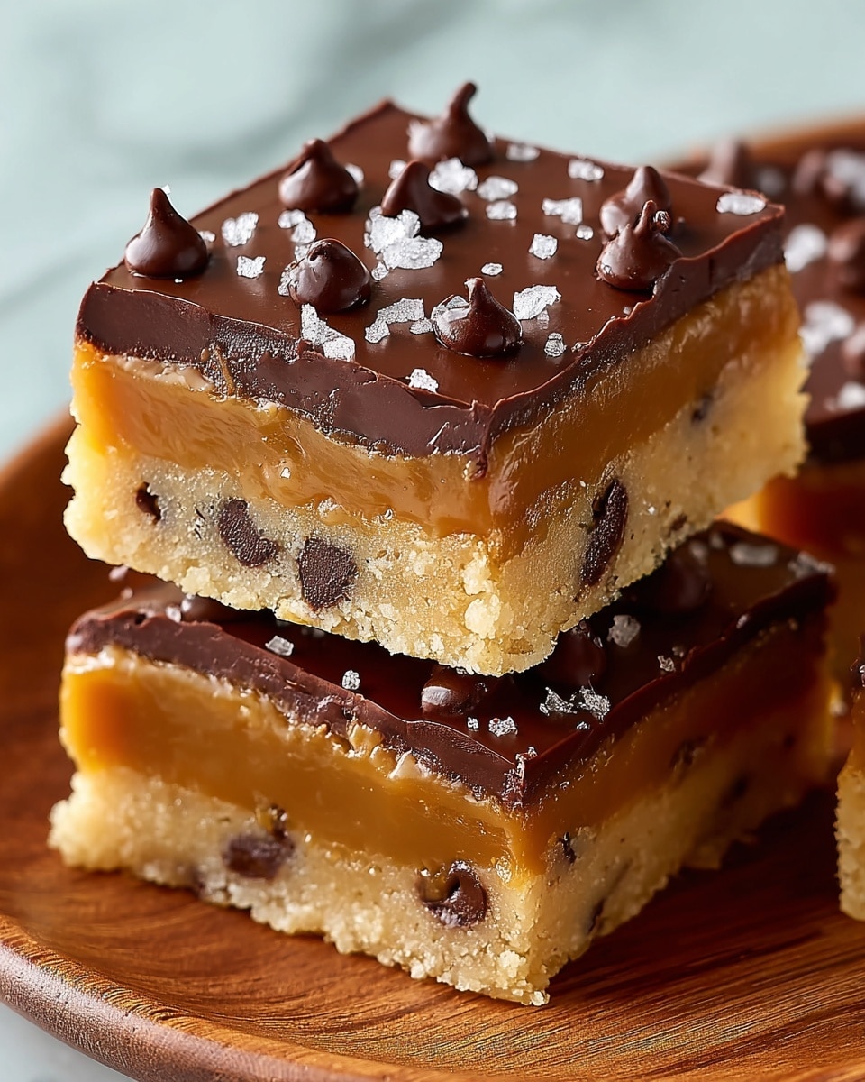 The image shows two stacked square dessert bars, each with three distinct layers. The bottom layer is light brown with visible chocolate chips mixed in, giving a soft, cake-like texture. The middle layer is smooth and golden caramel, thickly spread and slightly oozing on the sides. The top layer is a rich, dark chocolate ganache, shiny and glossy, with dollops of chocolate chips and sprinkled with coarse sea salt crystals that catch the light. The bars rest on a wooden plate placed on a white marbled surface, creating a clean and inviting scene. photo taken with an iphone --ar 4:5 --v 7