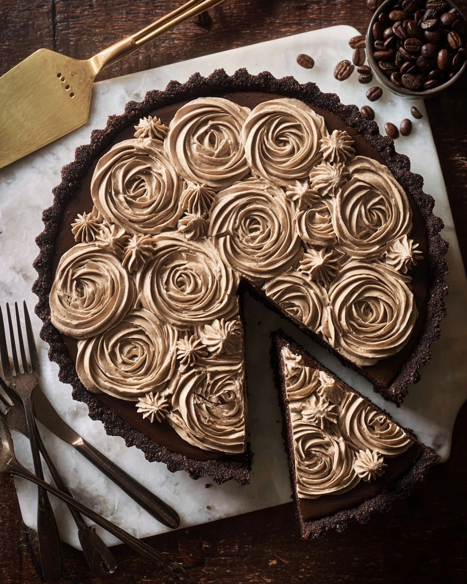 A dark chocolate tart with a deep, crumbly crust forms the base. On top, light brown creamy swirls shaped like roses cover the entire surface, with smaller flower-shaped dollops in-between the roses adding texture. A single slice has been cut and slightly lifted from the tart, revealing a smooth inside layer matching the cream on top. The tart sits on a white marbled textured surface scattered with dark roasted coffee beans. A gold cake server is placed near the top left of the tart and three dark metal forks with long handles rest at the bottom left. The overall scene has a warm, rich tone. Photo taken with an iphone --ar 4:5 --v 7