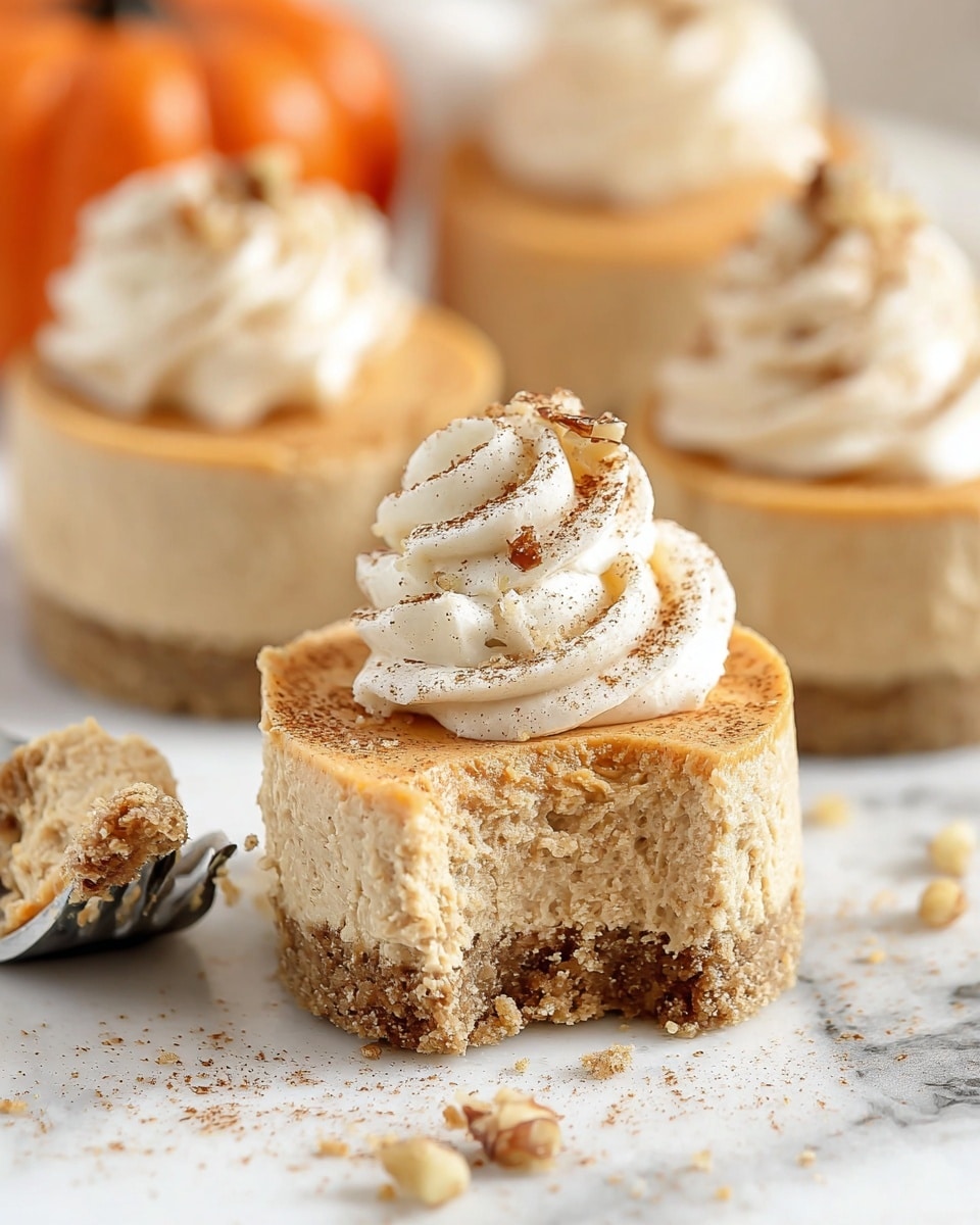 The image shows a small round pumpkin cheesecake with two main layers on a white marbled surface. The bottom layer is a thick, crumbly, light brown crust with visible texture, while the top layer is a creamy, pale orange pumpkin filling. The top of the cheesecake is decorated with a swirl of white whipped cream, sprinkled with a light dusting of brown spice, and small pieces of nuts scattered on the surface. There is a small bite taken from the cheesecake, showing the creamy texture inside, with crumbs around it and a silver fork holding a piece in the foreground. In the background, other mini cheesecakes are softly blurred with a small orange pumpkin decoration. photo taken with an iphone --ar 4:5 --v 7