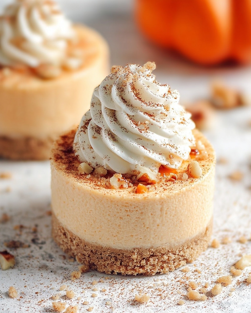 A small round dessert with two visible layers rests on a white marbled surface scattered with crumbs. The bottom layer is a thick, textured, light brown crumb crust. Above it is a smooth, creamy, pale orange mousse layer that fills most of the dessert’s height. The top is decorated with a swirl of white whipped cream dusted with fine brown cinnamon powder. Small crunchy pieces and crushed nuts are sprinkled around the whipped cream and edges. A blurred second dessert and a small pumpkin shape are faintly seen in the background. Photo taken with an iphone --ar 4:5 --v 7