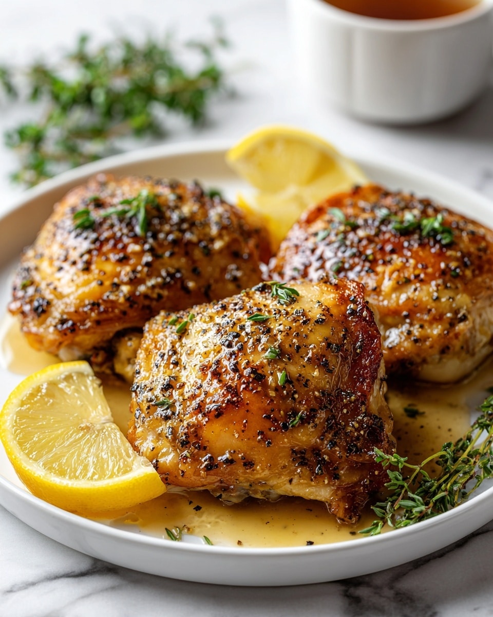 Three pieces of roasted chicken thighs with golden brown and crispy skin are neatly arranged on a white plate. Each piece is sprinkled with cracked black pepper and fresh small green herb leaves. Glossy juices coat the chicken, pooling lightly around the base. Two bright yellow lemon wedges sit on the plate near the chicken, with more fresh herb sprigs scattered around the edges. The plate is placed on a white marbled surface, and a blurred cup with brown liquid is visible in the background. photo taken with an iphone --ar 4:5 --v 7