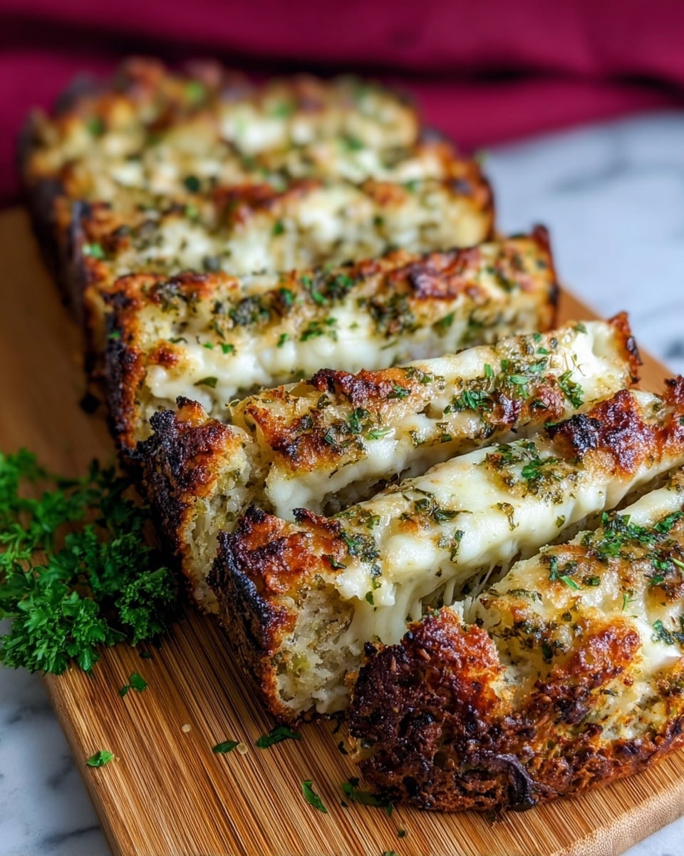 The image shows a close-up of several thick slices of a golden brown baked dish with a crispy, slightly charred crust and gooey melted white cheese layered inside. The dish has a rough textured surface with green herb bits scattered throughout, especially on top. The slices are arranged in a row on a wooden board with a small bunch of fresh green herbs to the side, set on a white marbled surface with a deep red cloth blurred in the background. The texture looks crunchy outside and soft inside, with the cheese visibly stretching between the layers. Photo taken with an iphone --ar 4:5 --v 7