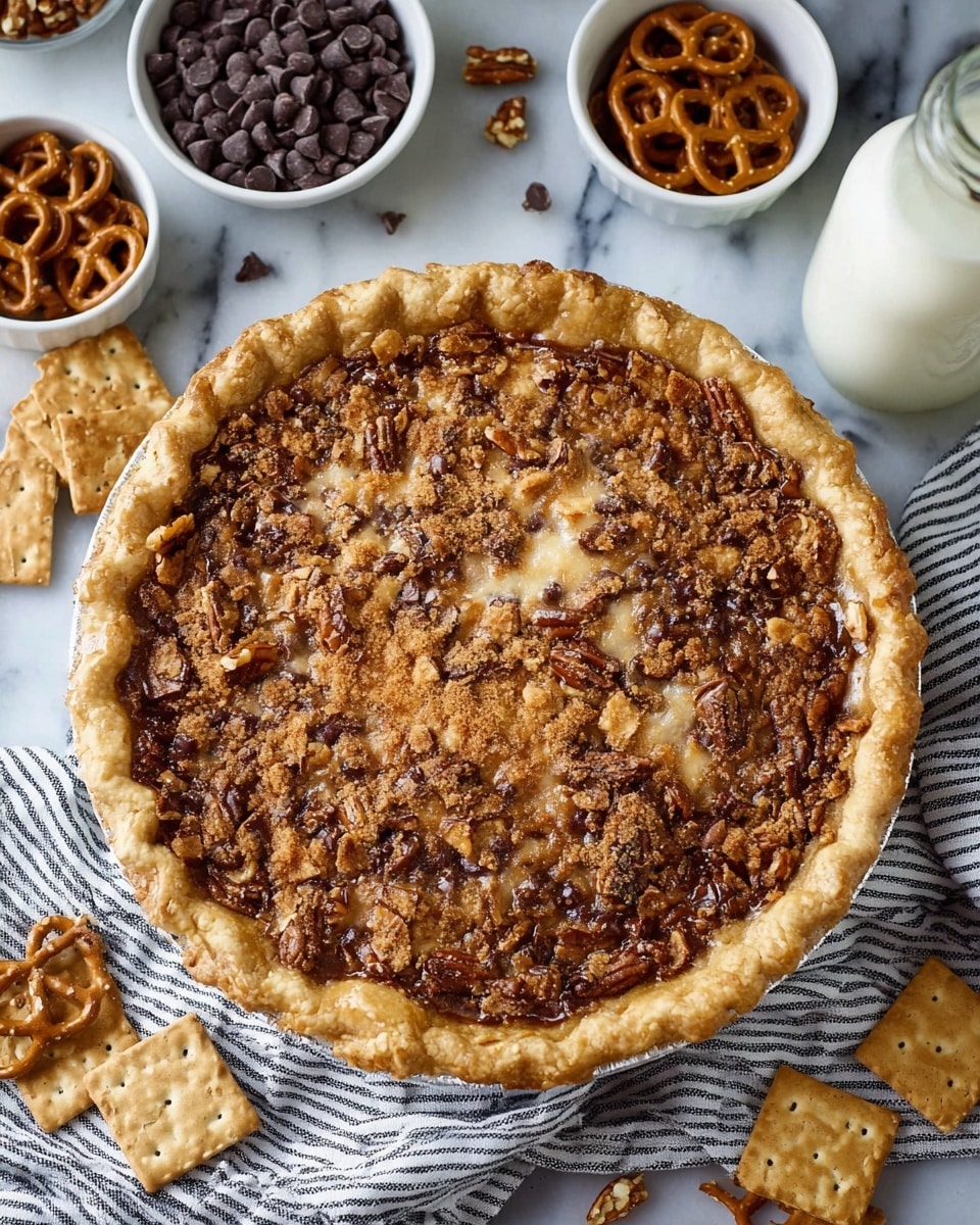 A close-up view of a pie with a golden-baked crust that is slightly crimped around the edges, filled with a rough, textured mixture of melted chocolate chips, toasted nuts, and small bits of caramel or brown sugar, creating a crunchy and gooey look. The filling has a mix of light caramel, dark brown, and creamy white colors with a slightly glossy surface, showing uneven clusters of nuts and chocolate throughout. Around the pie are small white bowls filled with dark chocolate chips and chopped nuts, a clear glass bottle of milk, broken pretzel pieces, and square whole-grain crackers. The pie sits on a white marbled surface with a striped cloth napkin nearby. Photo taken with an iphone --ar 4:5 --v 7