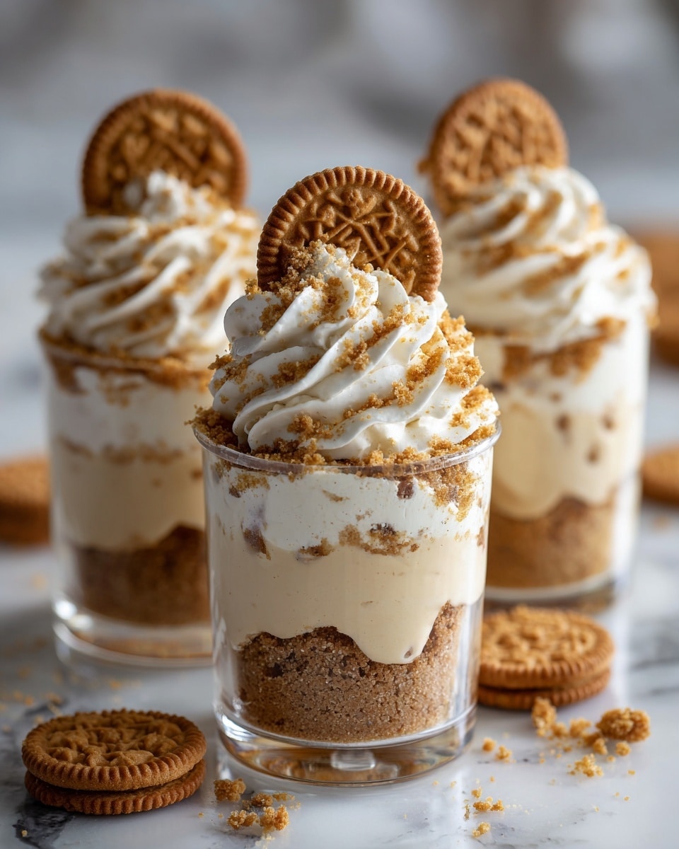 The image shows three clear plastic cups filled with a layered dessert placed on a white marbled surface. Each cup has three main layers: a crumbly, light brown cookie crumb layer at the bottom, a smooth creamy beige layer in the middle, and another crumbly cookie layer above it. The top layer is a rich swirl of white whipped cream, sprinkled with more cookie crumbs. Each cup is garnished with a round, patterned light brown cookie standing upright in the whipped cream. The background is softly blurred, making the desserts stand out. photo taken with an iphone --ar 4:5 --v 7