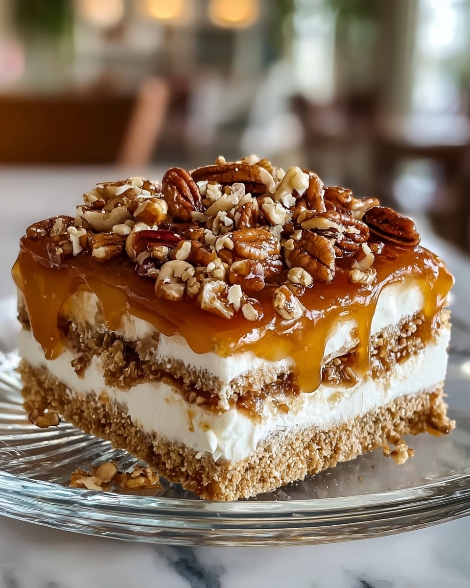 A square dessert with four distinct layers sits on a clear glass dish; the bottom layer is a crumbly light brown base, followed by a thick smooth white cream layer. Above this is another crunchy brown crumb layer with a glossy caramel-like layer slightly dripping over it, topped with a thick white cream layer. The top layer is a shiny golden caramel sauce covered generously with whole and chopped pecans, creating a rich textured top. The background shows a blurred indoor setting with soft light, and the surface beneath has a white marbled texture. photo taken with an iphone --ar 4:5 --v 7