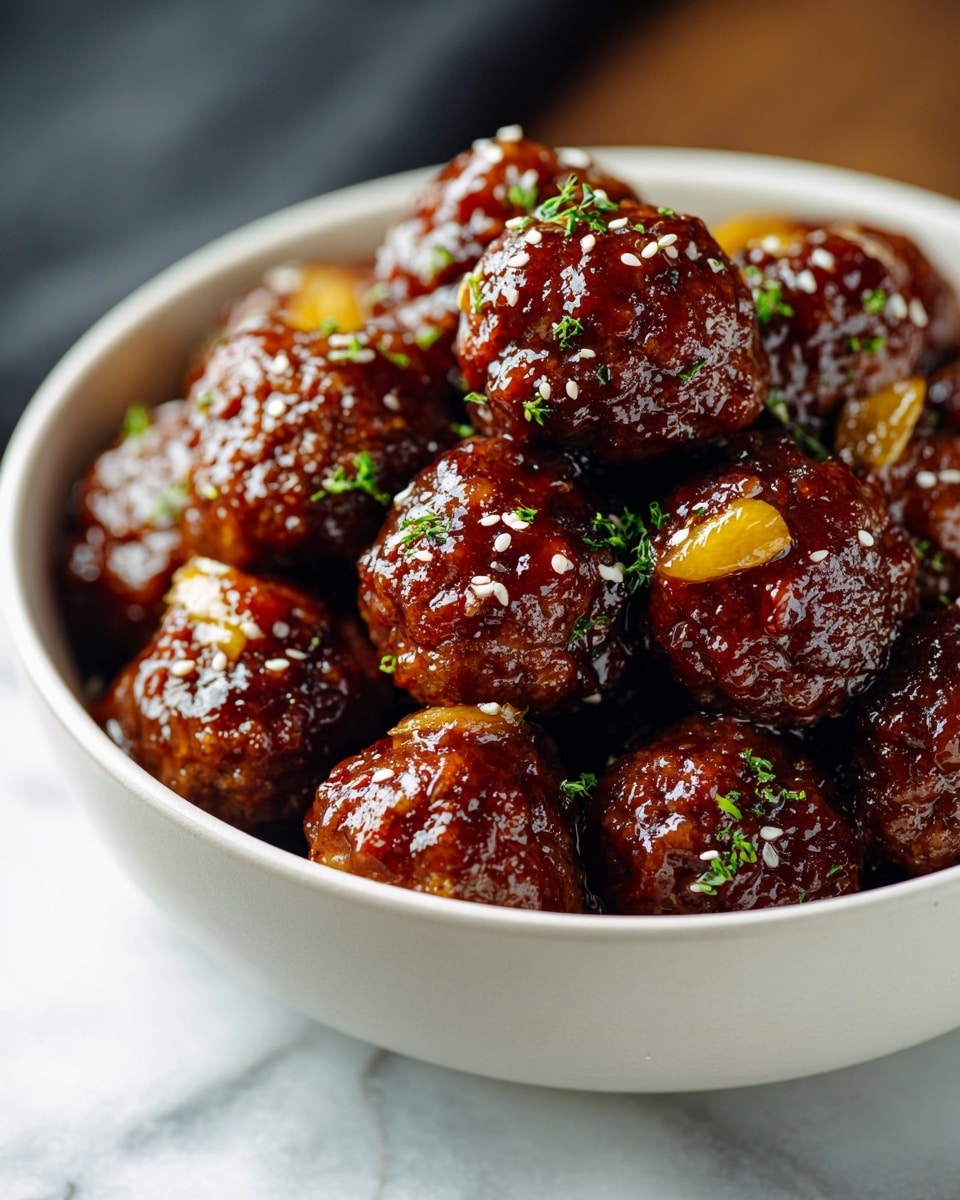 The image shows a white bowl filled with about two layers of shiny, glazed meatballs, each coated in a thick dark brown sauce. The round meatballs have a textured, slightly crispy surface beneath the glaze. Small green herb pieces and white sesame seeds are sprinkled on top, adding contrast and color. Among the meatballs, there are visible small chunks of light yellow garlic. The bowl sits on a surface with a white marbled texture, and the background is softly blurred to keep focus on the dish. photo taken with an iphone --ar 4:5 --v 7