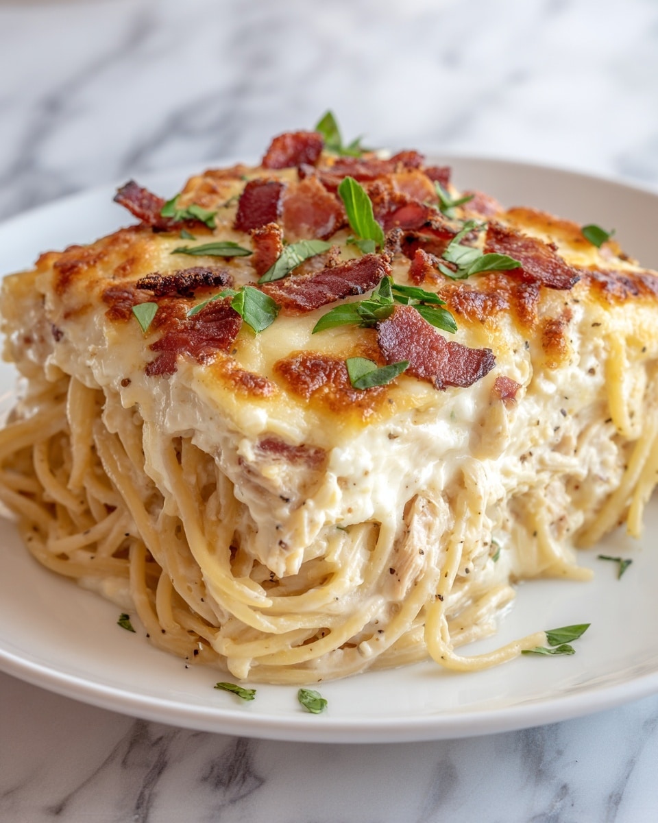 A close-up of a slice of baked pasta casserole on a white plate, showing three main layers: the bottom layer is creamy spaghetti mixed with chunks of chicken, smooth and light beige with pepper specks; the middle layer is thick white sauce covering the pasta; the top layer is golden melted cheese with a slightly browned, crispy texture, decorated with small pieces of crispy bacon and fresh green herb leaves. The background is a white marbled surface, and the photo taken with an iphone --ar 4:5 --v 7