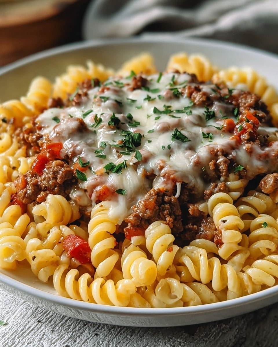 A white plate filled with a dish of twisted pasta spirals at the bottom layer, light yellow in color, mixed with small bits of red tomato pieces. Scattered over the pasta is a layer of browned ground meat, adding a textured contrast. The top layer features melted white cheese drizzled unevenly over the meat, sprinkled with small green herb leaves for a fresh look. The plate rests on a white marbled textured surface, with a cozy blurred background. photo taken with an iphone --ar 4:5 --v 7