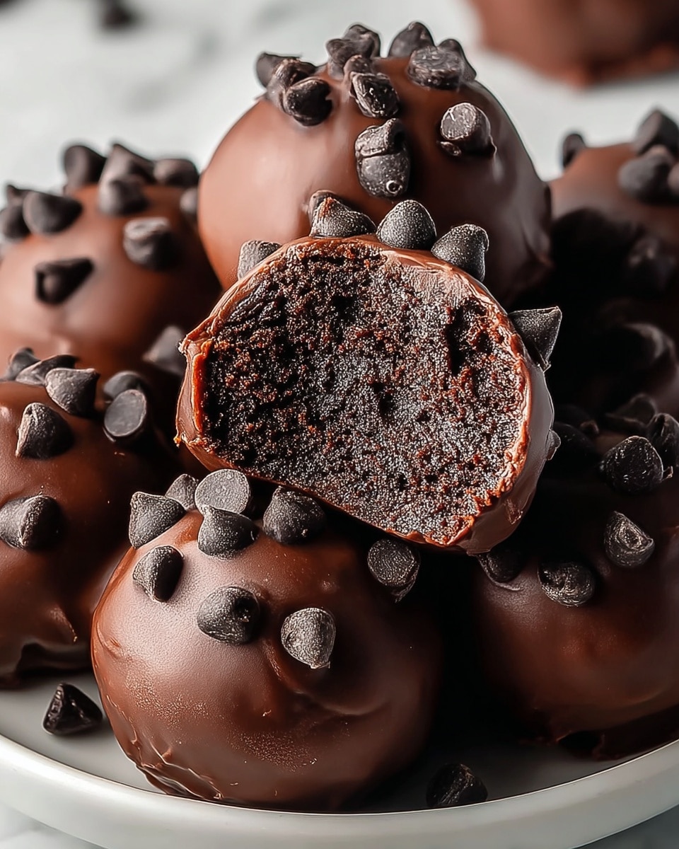 The image shows several round chocolate truffles on a white plate with a white marbled texture background. Each truffle has a smooth, shiny dark brown chocolate coating with multiple dark chocolate chips scattered on top, creating a textured surface. One truffle is bitten to reveal its inside, which is dark, moist, and dense chocolate cake-like filling. The truffles are closely packed together, filling the frame and giving a rich, indulgent look. Photo taken with an iphone --ar 4:5 --v 7