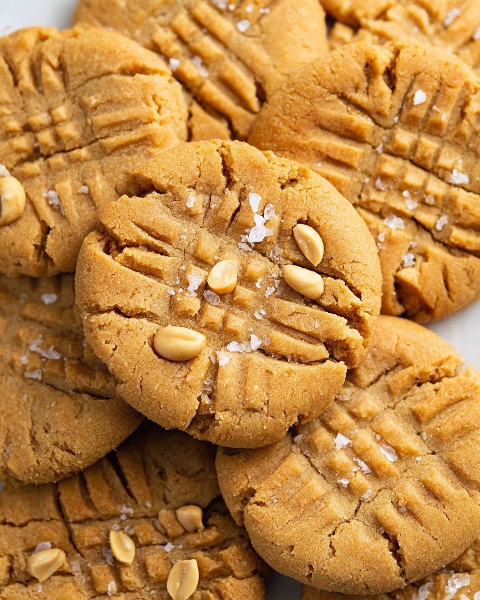 A close-up view of several golden brown peanut butter cookies stacked closely on a white marbled surface, each cookie showing a distinctive fork-pressed crisscross pattern on top, with a slightly cracked and crumbly texture. Some cookies have a few pale peanut halves scattered on them, along with tiny crystals of coarse salt adding contrast to the smooth, soft-looking dough. The warm tones of the cookies and peanuts stand out against the light background, highlighting the inviting, homemade feel of the treat. photo taken with an iphone --ar 4:5 --v 7