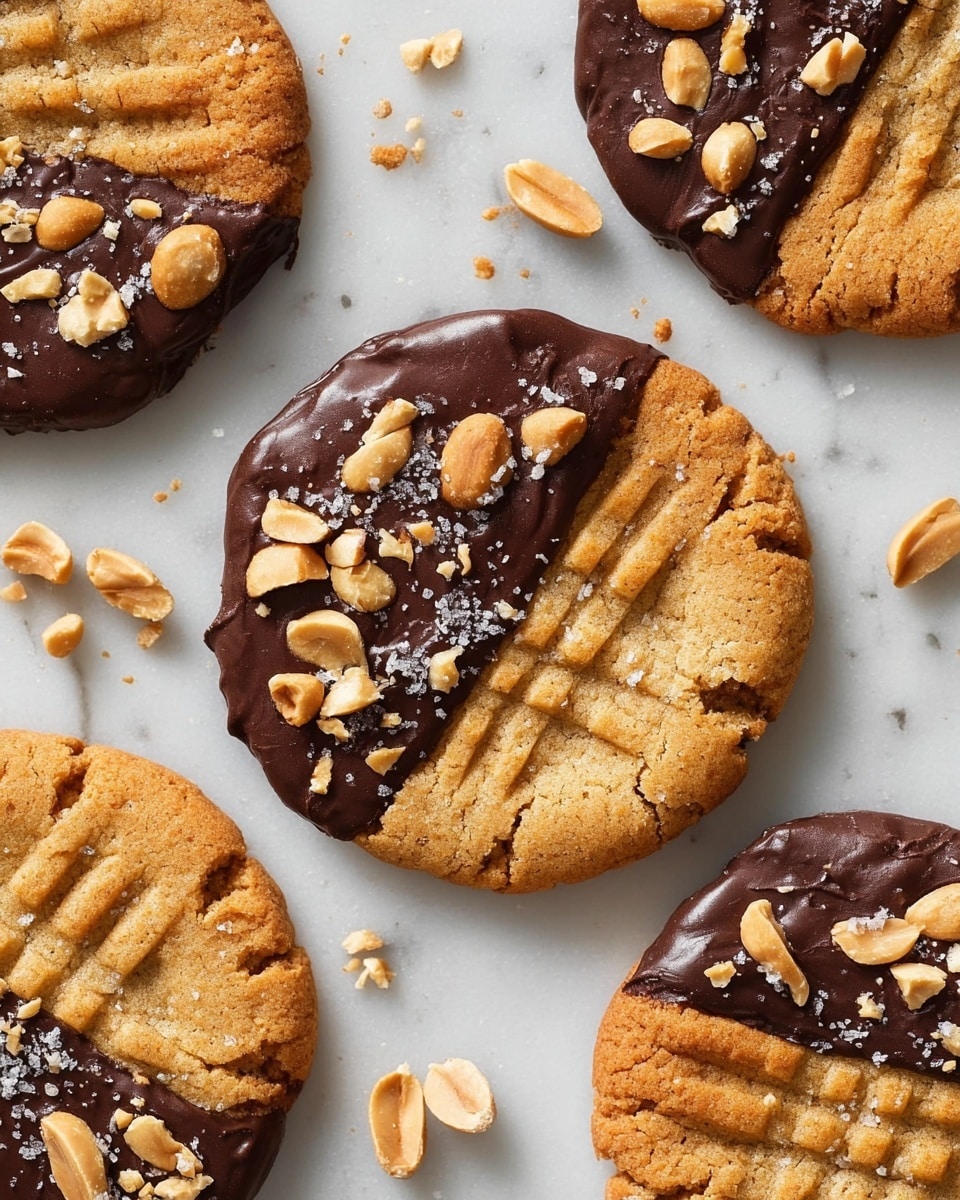 The image shows several round peanut butter cookies, each divided into two halves. One half is plain, golden-brown with a soft, slightly cracked texture featuring a crisscross pattern on the surface. The other half is coated with a shiny dark chocolate layer topped with chopped roasted peanuts and a sprinkle of coarse salt. The cookies are placed on a white marbled surface, scattered with a few loose peanut pieces around them. Photo taken with an iphone --ar 4:5 --v 7
