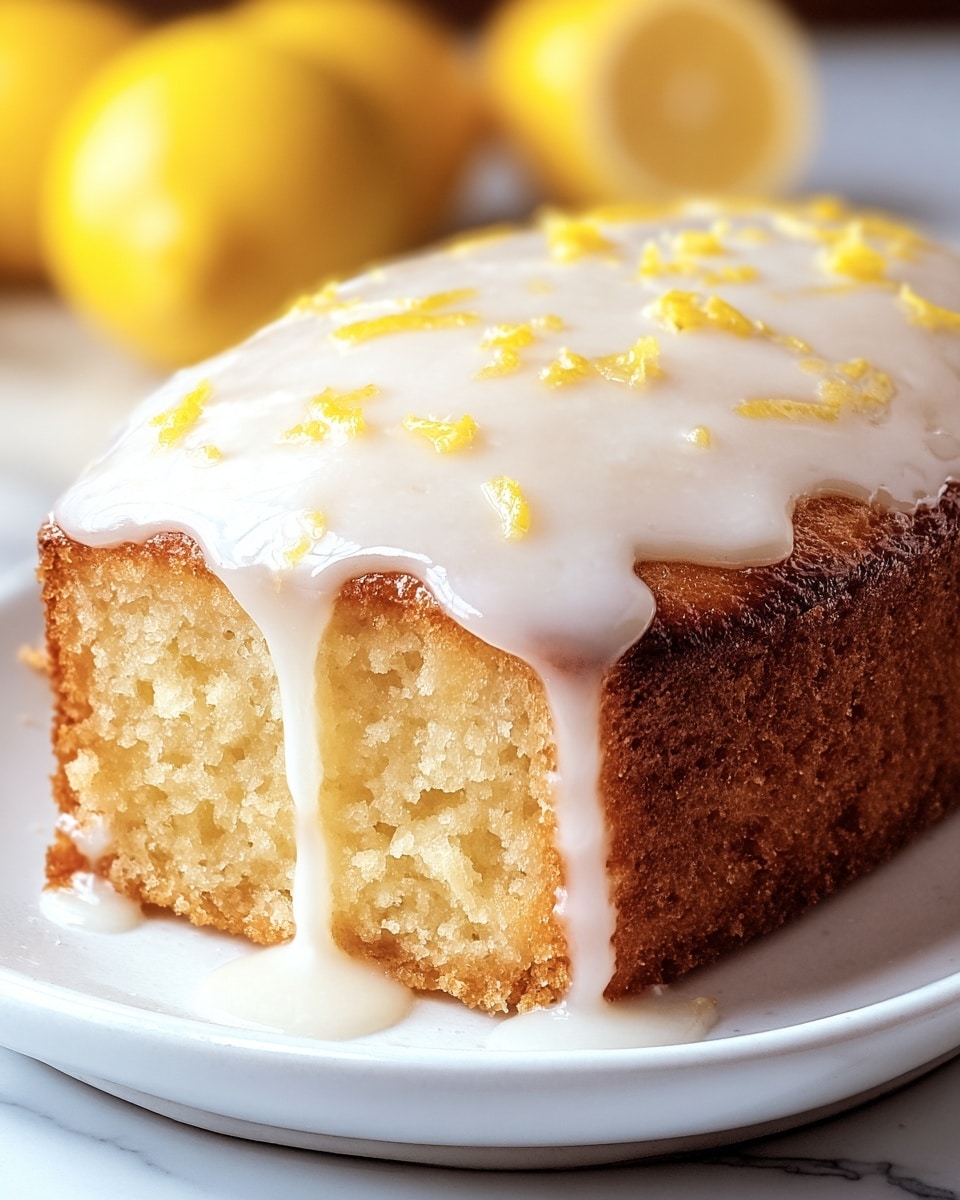 A single-layer lemon cake with a golden-brown crust and soft, light yellow crumb inside is shown on a white plate. The top is covered with a thick, shiny, white icing that drips slightly down the sides, with small bits of lemon zest scattered on the icing's surface. In the background, fresh yellow lemons are softly blurred, and the setting is on a white marbled surface. Photo taken with an iphone --ar 4:5 --v 7