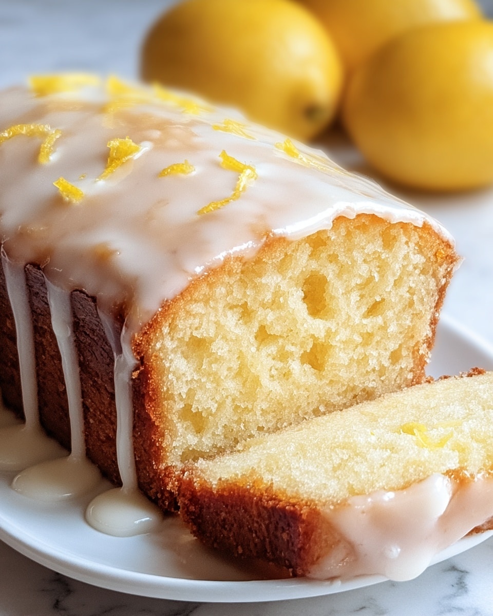 A moist lemon loaf cake is shown on a white plate placed on a white marbled surface, cut to reveal its soft, light yellow crumb with small air pockets inside. The cake has a golden-brown crust and is topped with a glossy white icing drizzle that flows down the sides, with some bits of yellow lemon zest scattered on top. In the background, three whole lemons add bright yellow color and freshness to the scene. Photo taken with an iphone --ar 4:5 --v 7