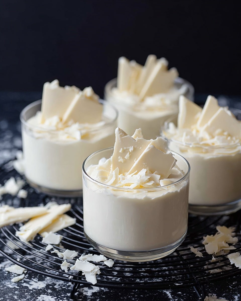 Four clear glass cups are filled with a creamy white mousse that has a smooth texture. Each cup is topped with thin, irregularly shaped pieces of white chocolate, arranged upright in the center. Around these large white chocolate shards, small curls and shavings of white chocolate add texture and decoration on the mousse's surface. The cups sit on a black wire rack with extra white chocolate shavings scattered nearby. The background is dark, and the surface under the rack shows a white marbled texture. photo taken with an iphone --ar 4:5 --v 7