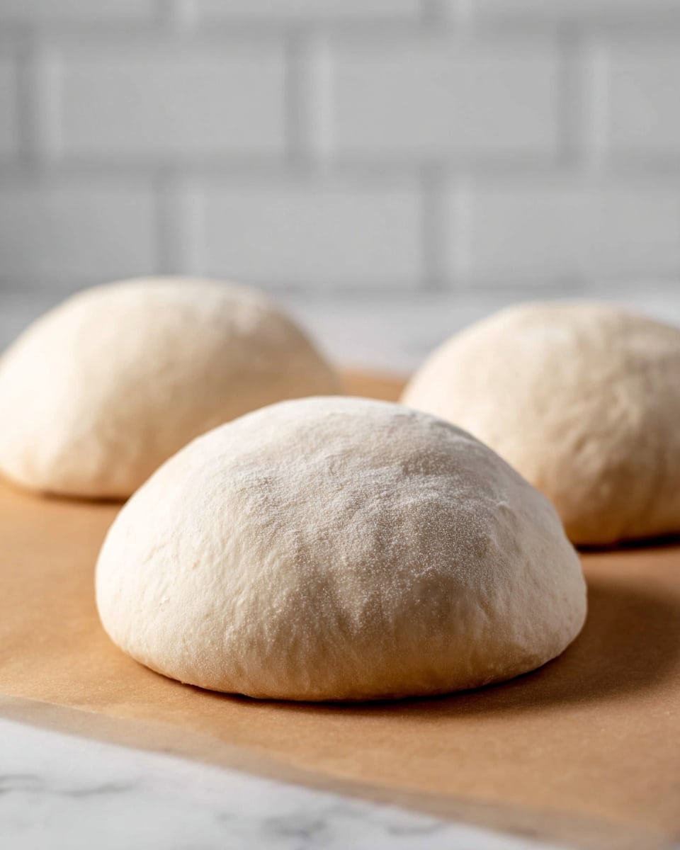 Three round dough balls with a smooth, slightly flour-dusted surface sit on brown parchment paper. The dough balls are light beige in color and have a soft, slightly puffy texture. They are evenly spaced in a triangular arrangement, resting on a flat surface with a white marbled texture. The background shows a blurred white tiled wall, adding a clean and simple look to the scene. photo taken with an iphone --ar 4:5 --v 7