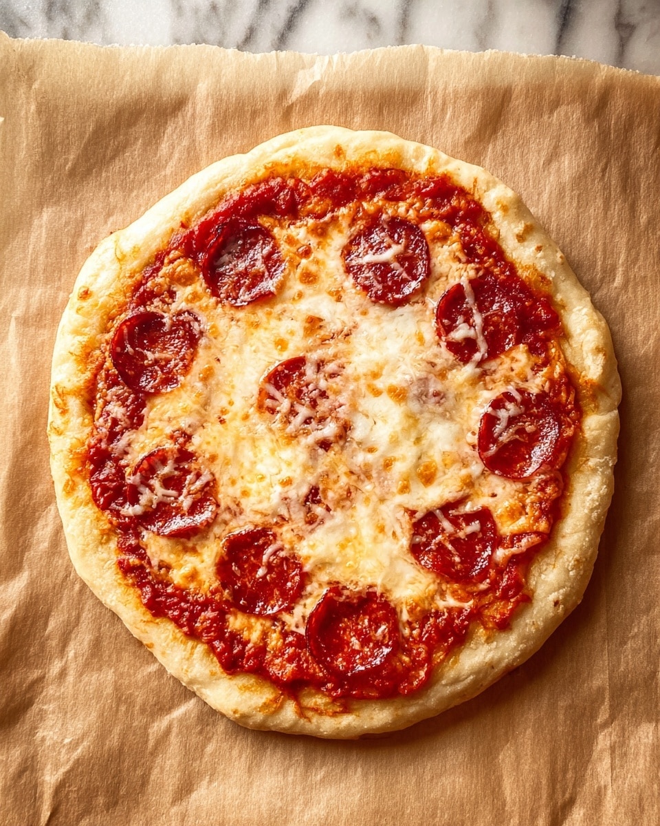 A round homemade pizza with a thick, light golden crust sits on brown parchment paper over a white marbled texture. The pizza has three main layers: the bottom pale beige dough crust, a bright red tomato sauce layer spread generously, and a top layer of melted, slightly browned cheese with scattered round slices of pepperoni that have a rich red color and slightly crispy edges. The cheese appears gooey and oily in some parts with small browned spots, creating a textured look. photo taken with an iphone --ar 4:5 --v 7