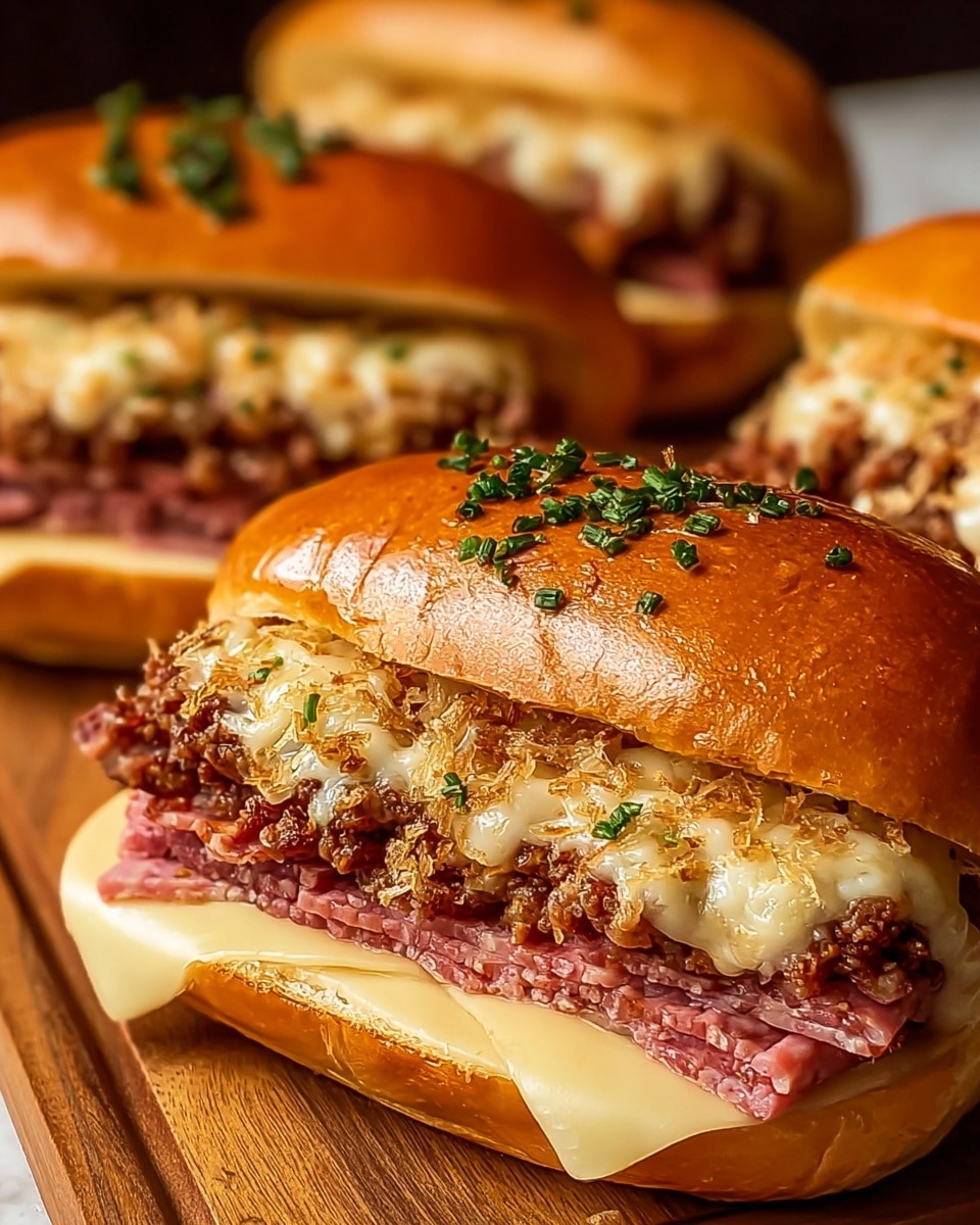 Two sandwiches are placed on a wooden board with a white marbled texture background. Each sandwich has a shiny, golden-brown bun cut open with three visible layers inside. The bottom layer is a slice of melted cheese, followed by slices of pinkish red meat. On top of the meat is a thick layer of crumbled ground meat with melted white cheese mixed in. The top bun is covered with a light layer of melted cheese, some crispy browned bits, and sprinkled with chopped green herbs. The sandwiches are close together, showing their textures and rich colors clearly. photo taken with an iphone --ar 4:5 --v 7