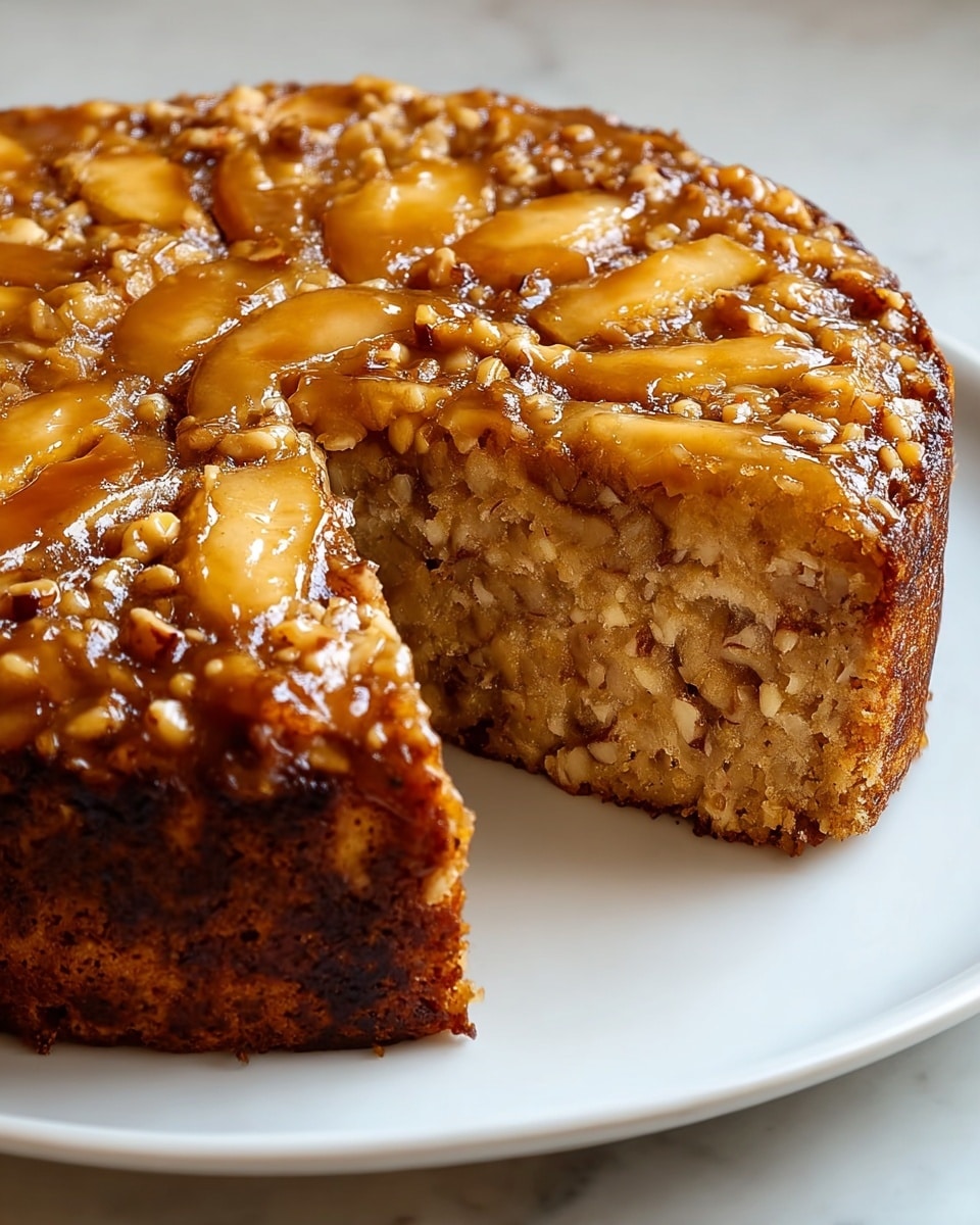 A thick round cake with a rough, moist texture sits on a white plate on a white marbled surface. The cake has three layers: the top is a glossy caramel layer with sliced golden apple pieces and small bits of nuts spread evenly across it, giving a sticky and shiny look. The middle layer is a soft, light brown cake with a dense, moist crumb full of small chunks, showing a mix of apple and spices. The outer edge is darker brown with a slightly crispy texture. A large wedge is cut out, revealing the inside close-up. Photo taken with an iphone --ar 4:5 --v 7
