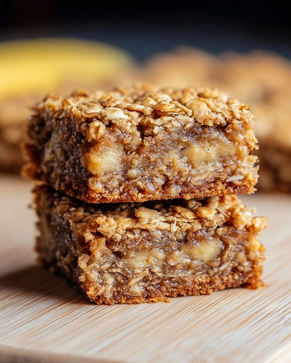 Two square oat bars are stacked on top of each other on a light wooden surface. Each bar shows three layers: a golden brown crumbly oat top layer with visible rolled oats, a chewy middle layer with banana pieces and a moist texture, and a slightly darker, crisp bottom crust. The oat bars have a crunchy and soft mix look, with oatmeal flakes visible on the surface and banana chunks shining through the middle. The background is blurred, making the oat bars the main focus. Photo taken with an iphone --ar 4:5 --v 7