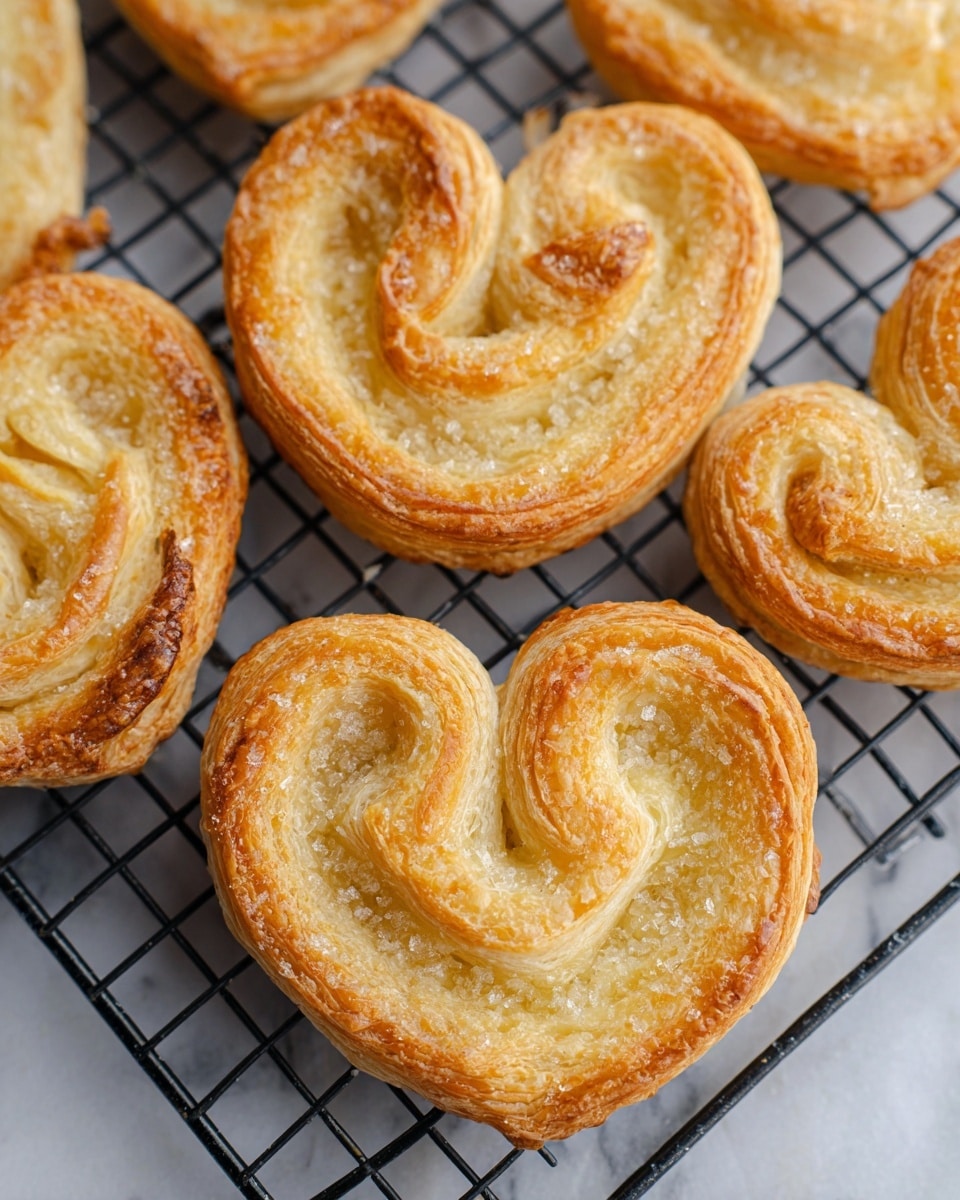 A close-up of five golden brown palmiers, flaky with a slightly glossy surface showing fine layers of puff pastry, lying on a black cooling rack. Each palmier has a symmetrical heart shape with visible sugar crystals sparkling on the crispy edges. The texture is light and airy, with some areas showing a delicate crunch and a warm, buttery coloration. The background is a white marbled texture under the cooling rack. photo taken with an iphone --ar 4:5 --v 7