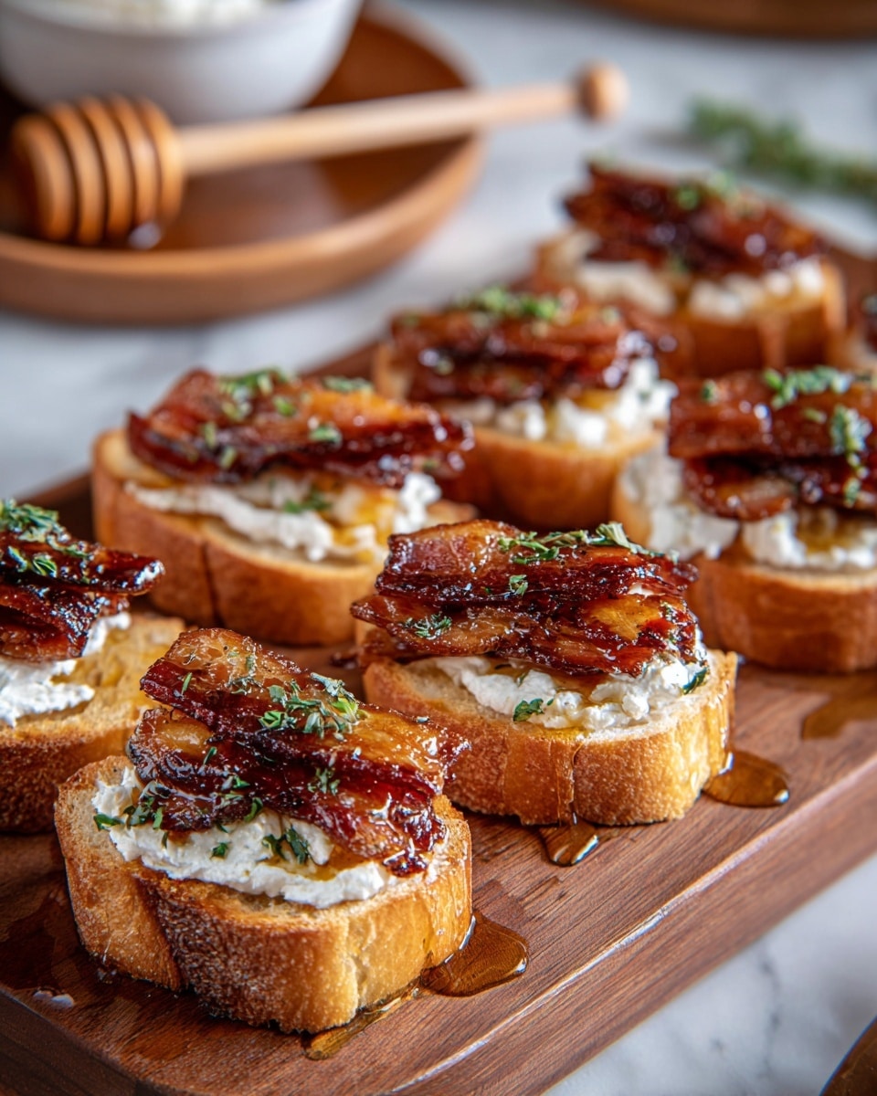 The image shows several small pieces of toasted bread arranged closely on a wooden board, each topped with a layer of soft white cheese, followed by a crispy, dark brown caramelized bacon strip, and finished with green herb sprinkles on top. The bread looks golden and crunchy, with a shiny glaze, likely honey, dripping slightly around the edges and pooling on the wooden board. In the blurred background, a white bowl and a honey dipper on a wooden plate are visible. The setting surface has a white marbled texture. photo taken with an iphone --ar 4:5 --v 7